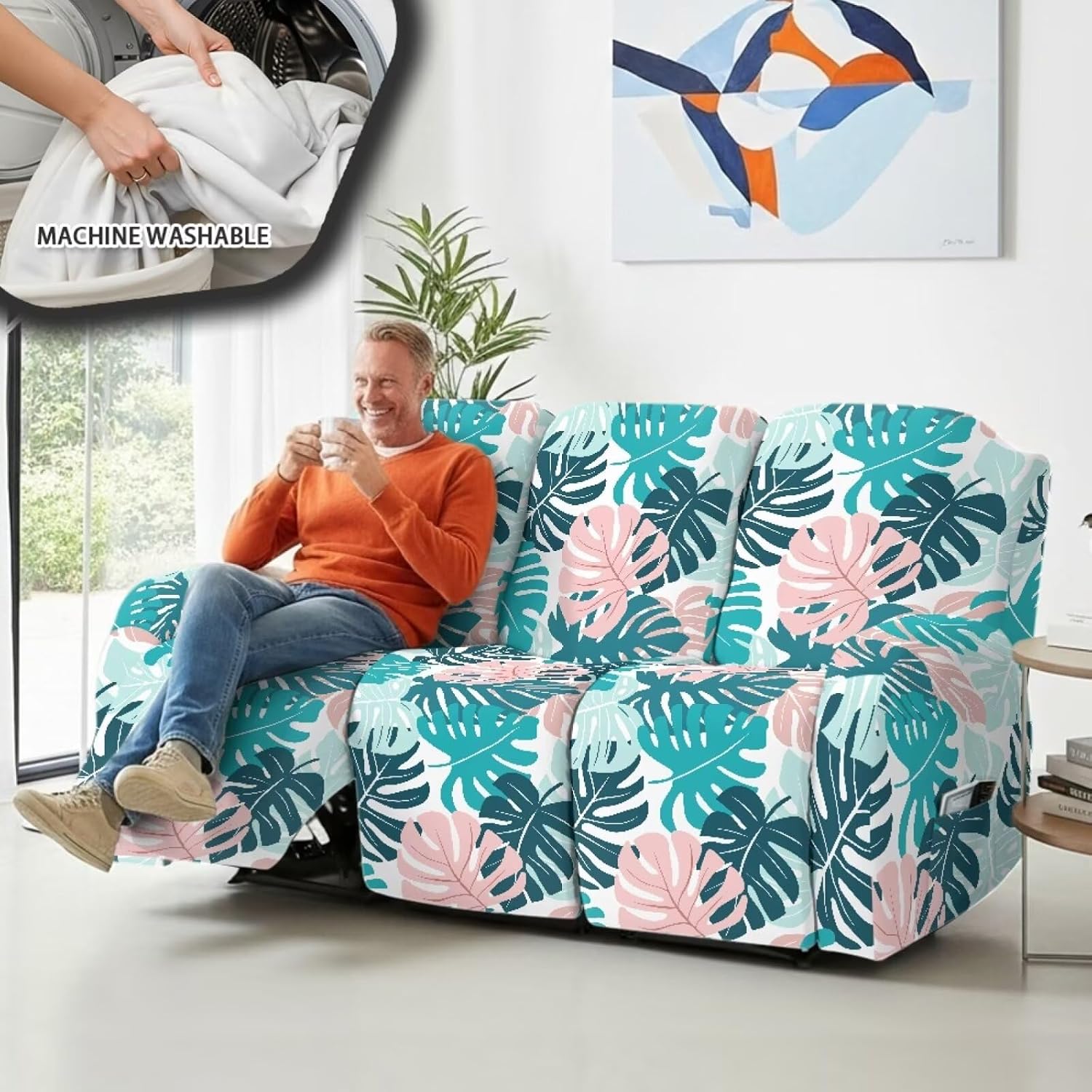 Skin-Friendly Reclining Chair Cover 3 Seater Recliner Couch Slipcover, Reclining Sofa Cover with Elastic Band, Protective Furniture Slipcover for Pet Kid, Tropical Monstera Leaf