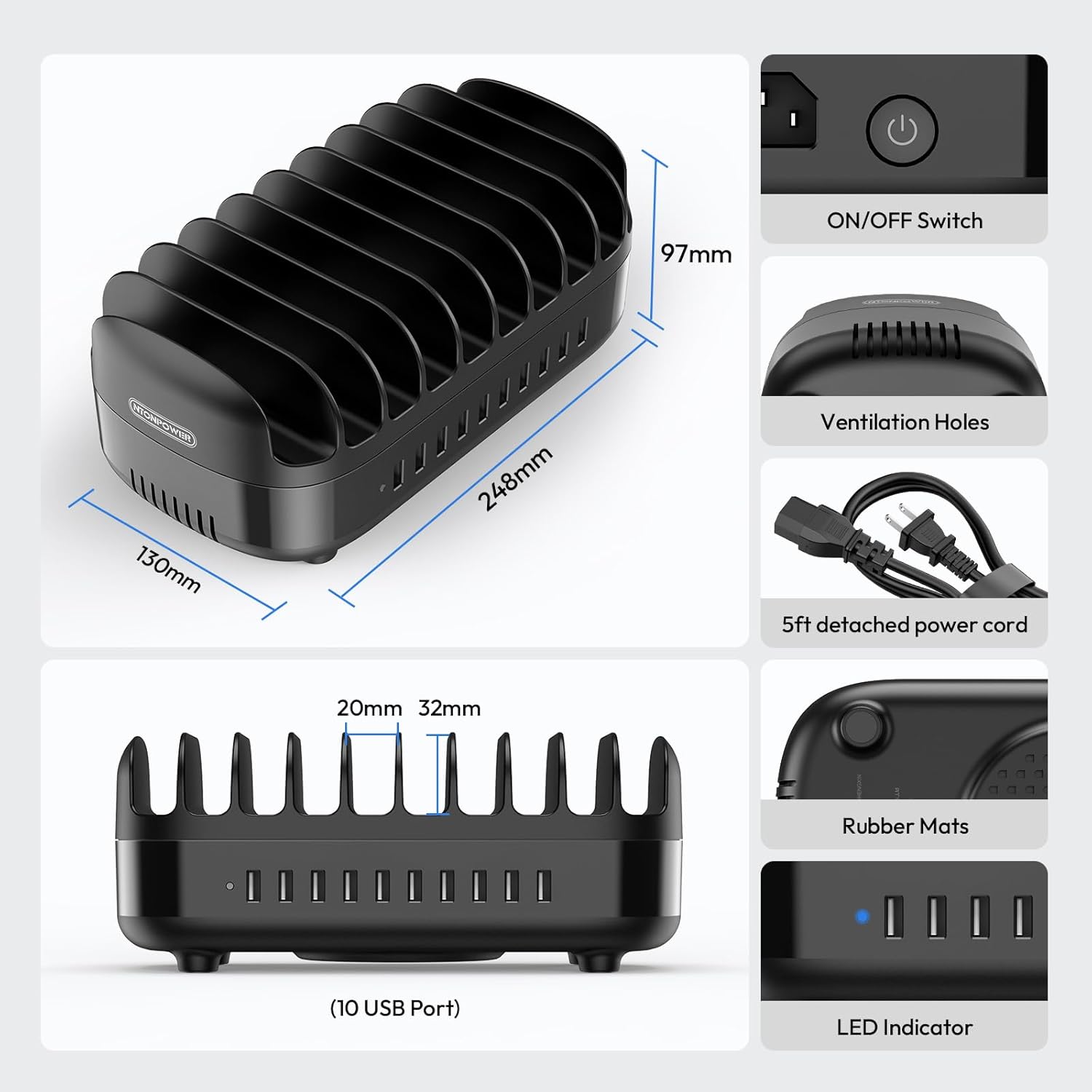 10 Ports Charging Station for Multiple Devices, 120W Charging Station Organizer, USB Charging Docking with Cooling Fan, for iPhone, for iPad, Tablet, Kindle, ETL Listed (2.4A Each, 24A in Total)
