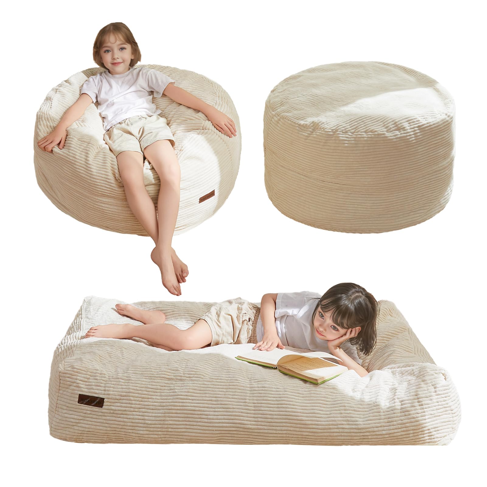 MAXYOYO Bean Bag Chair Bed for Kids, Convertible Bean Bag Folds from Lazy Chair to Floor Mattress Bed, Machine Washable Corded Fabric, Stuffed Floor