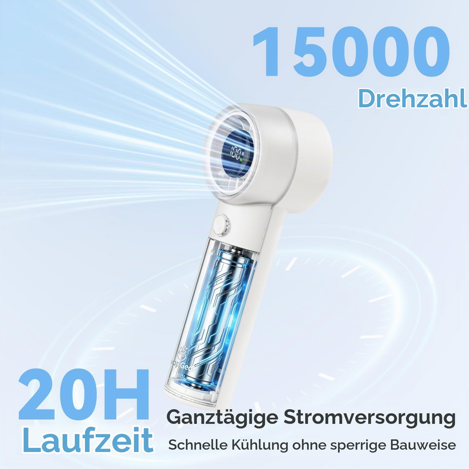 Snapgear Ultraleichter, tragbarer Taschenventilator (95 g), leiser Handventilator, 15.000 U/min Turbo Jet, 20 Stunden Laufzeit, 5 Geschwindigkeitsstufen, flüsterleise (44 dB), USB-C-aufladbar
