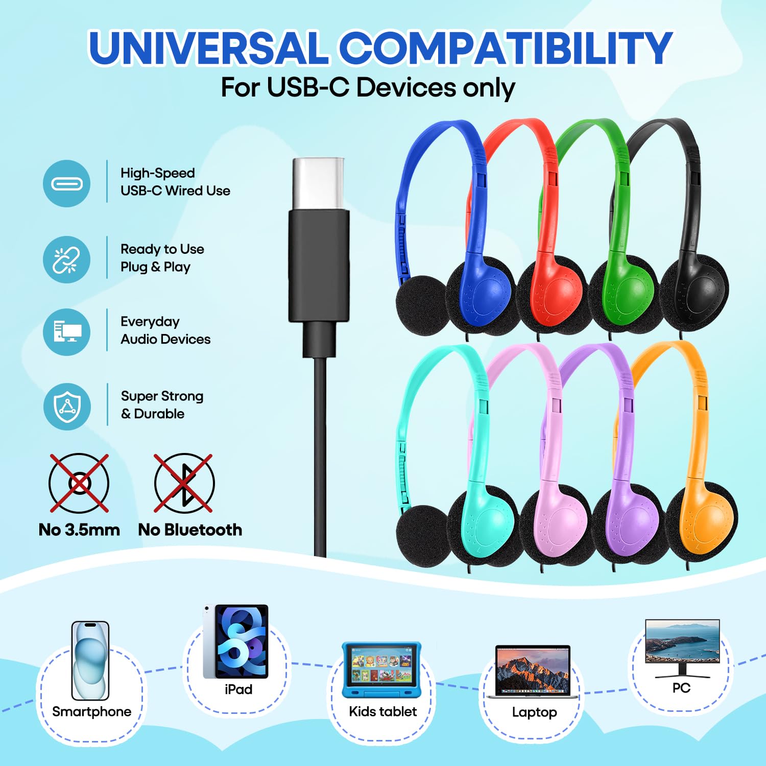 USB-C Klassenzimmer-Kopfhörer, Großhandel, langlebig, On-Ear-Kopfhörer, Typ C, kompatibel mit Chromebook, Tablet, Laptop (HY857C, 50 gemischt)
