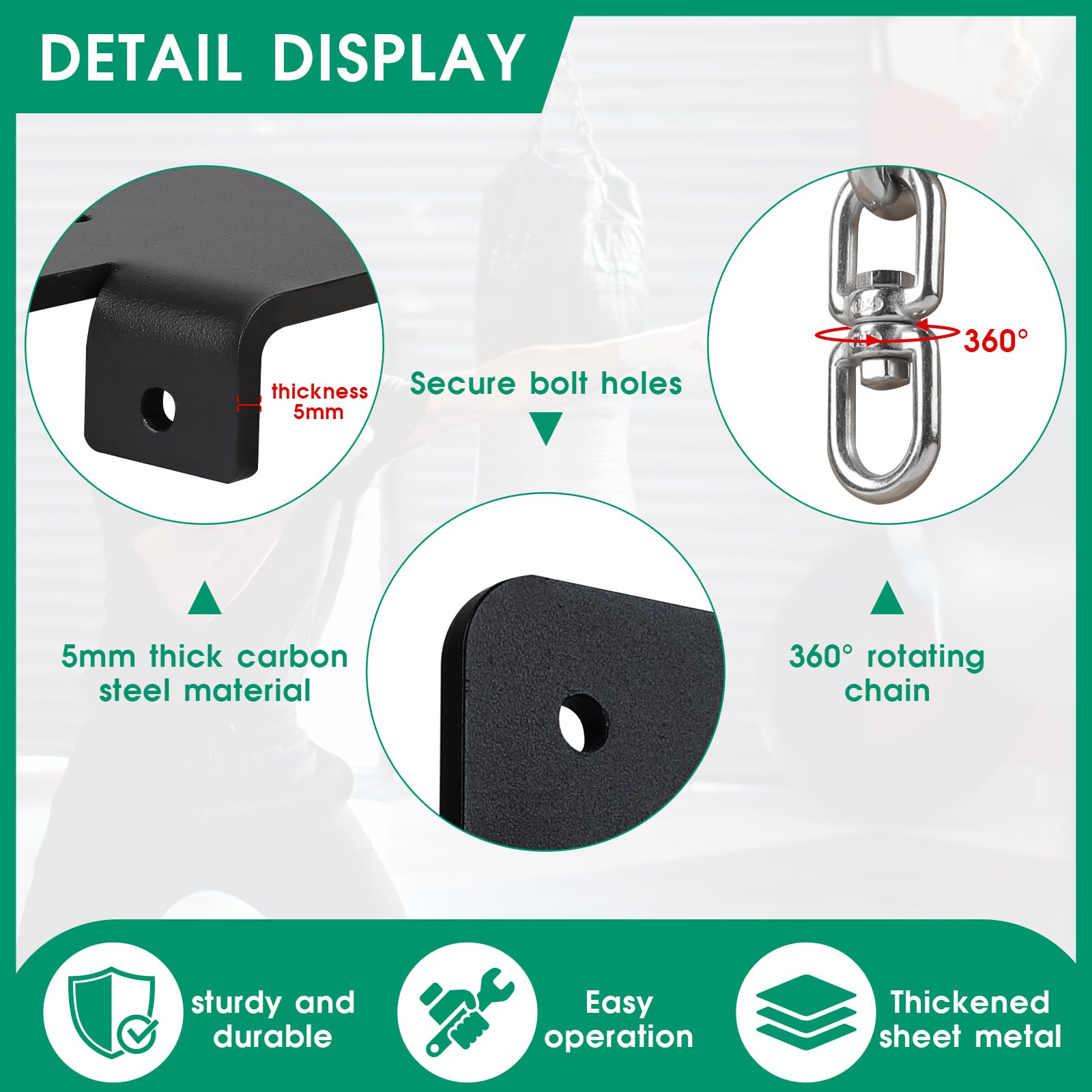 1 Pezzo Supporto Pesante per Sacco da Boxe – Staffa da Parete/Soffitto – Ganci Robusti Girevoli a 360° per Travi in Legno – per Allenamenti di Boxe, Muay Thai, Yoga Aereo, Altalene, Amaca