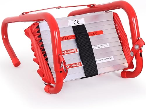 Escalera de incendios portátil de 2 pisos, escalera de escape de emergencia de 15 pies con escalones anchos con soporte central en V