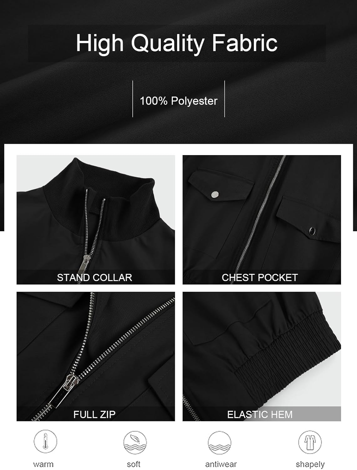 Fisoew Women's Cropped Bomber Jackets Lightweight Zip Up Stand Collar Long Sleeve Short Jacket with Pockets - Image 6