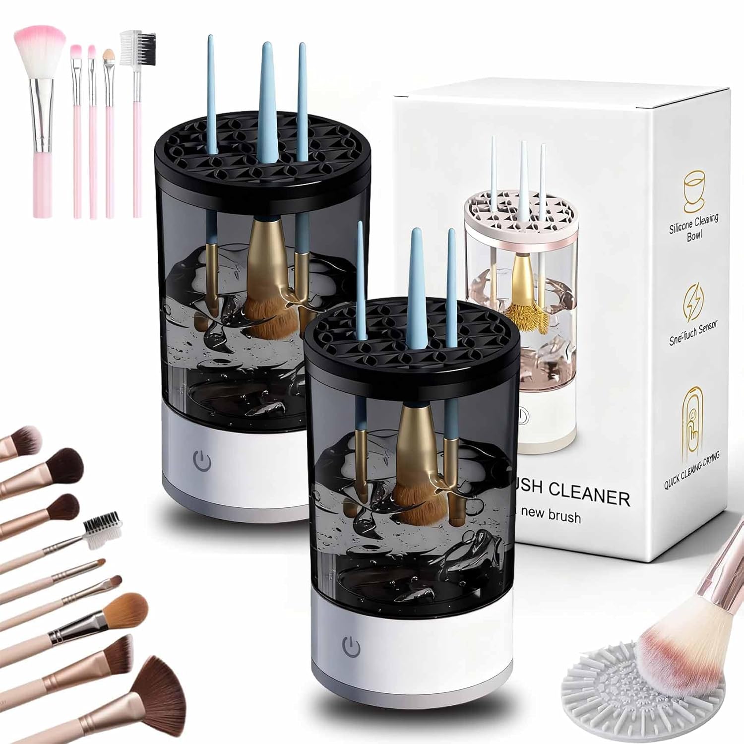 Cosmetic Brush Cleaner, 2026 New Electric Makeup Brush Cleaner Machine, Makeup Sponge Cleaner Machine with Dual Power Options for Deep Cleaning All Types of Makeup Brushes (Black*2, Charging)