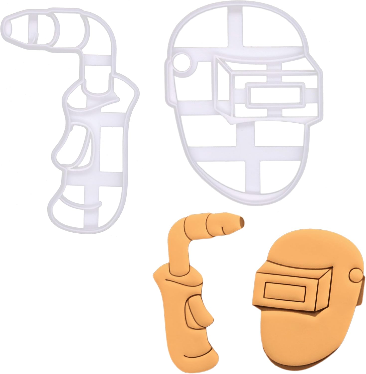 BAKERLOGY Set of 2 Welding Helmet and Welding Torch Cookie Cutters - Metalworking and Workshop Themed Cookies, Detailed Biscuit Cutter Design for Baking and Crafts, ideal on fondant, dough, clay
