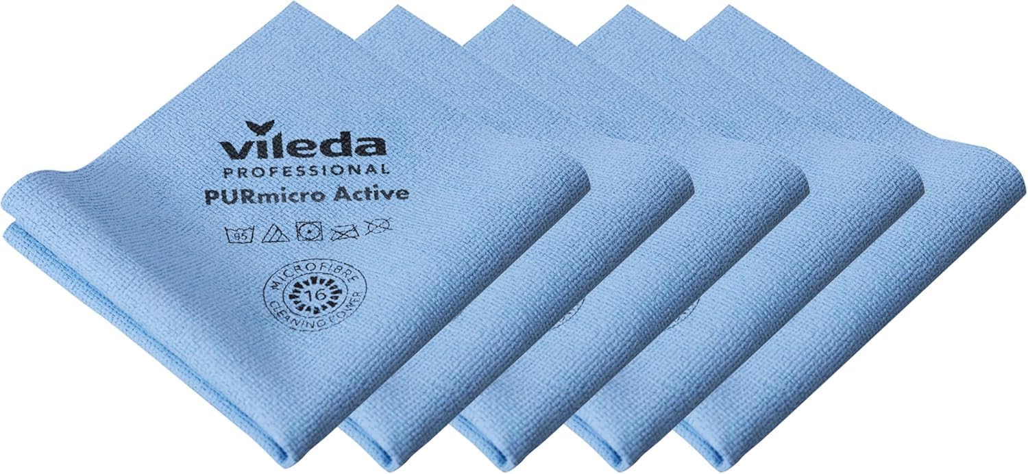 Vileda Professional 5x PURmicro Active microfibre cleaning cloth blue | reusable and streak-free | colour-coded | 35×38 cm | machine washable | ideal for hygiene-compliant businesses