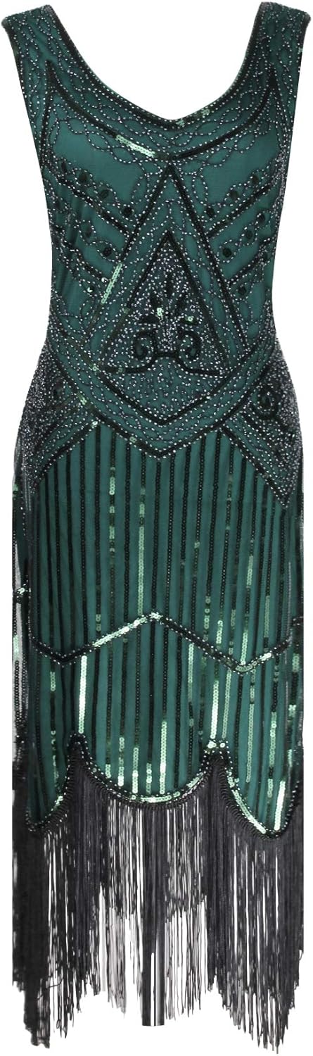 Dancing Stone 1920s Sequin Mermaid Formal Long Flapper Gown Party Evening Dress With 20s Accessories Set (XXL, Style Sequin Black Green)