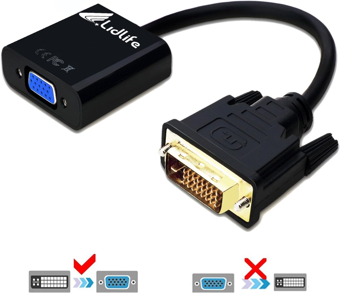 DVI to VGA Adapter, Lidlife E0309 DVI-D Link 24+1 male to VGA Female Digital Video Cable Gold Plated Support 1080P for Gaming, DVD, Laptop, HDTV and Projector
