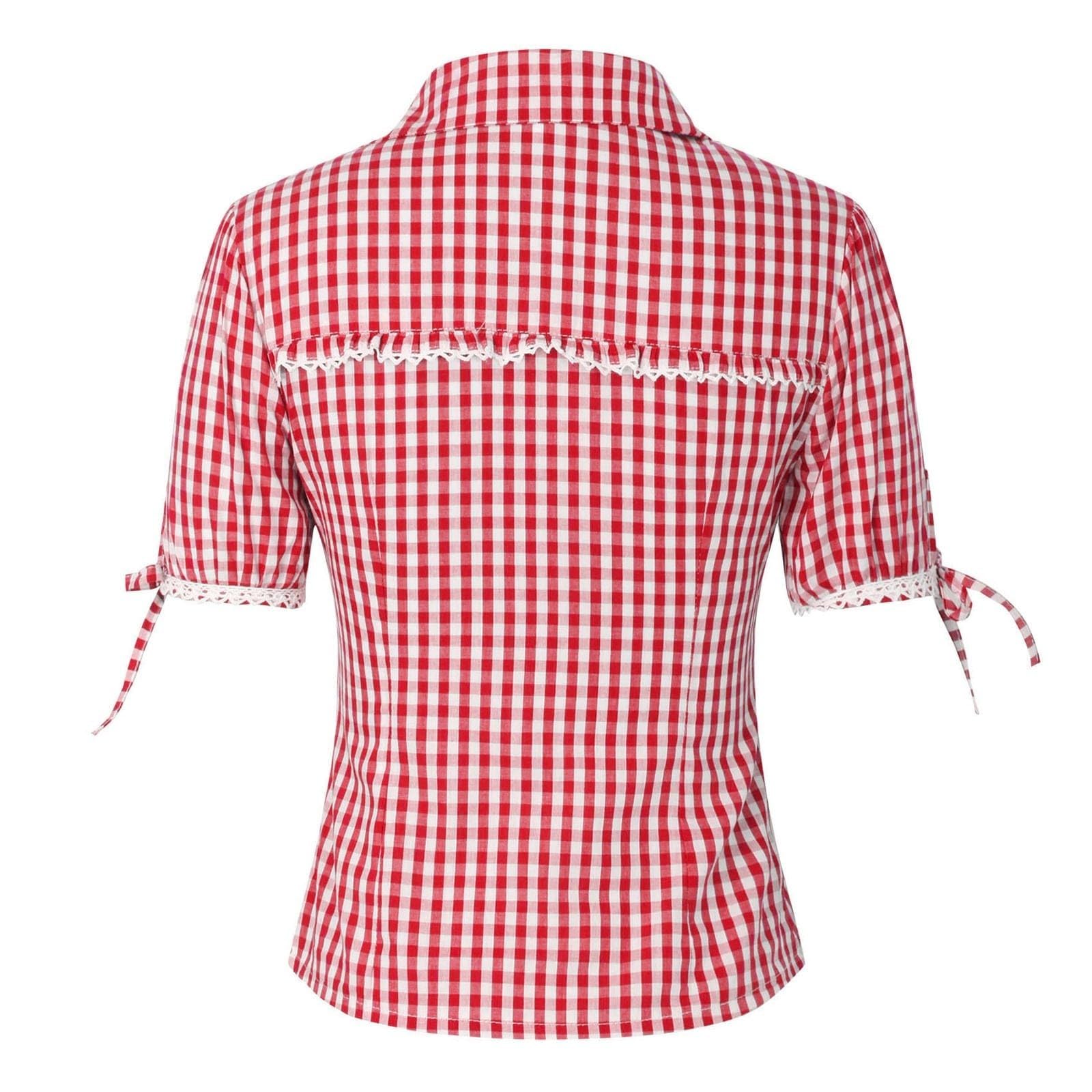 Trachtenbluse Damen Kariertes V-Ausschnitt Dirndl Bluse Damen Oktoberfest Bluse Bierfest Dirndlbluse Weiß Trachtenblusen Sommerbluse Bluse Kurzarm Sommertop Rundhals-Ausschnitt Tshirt Oberteile