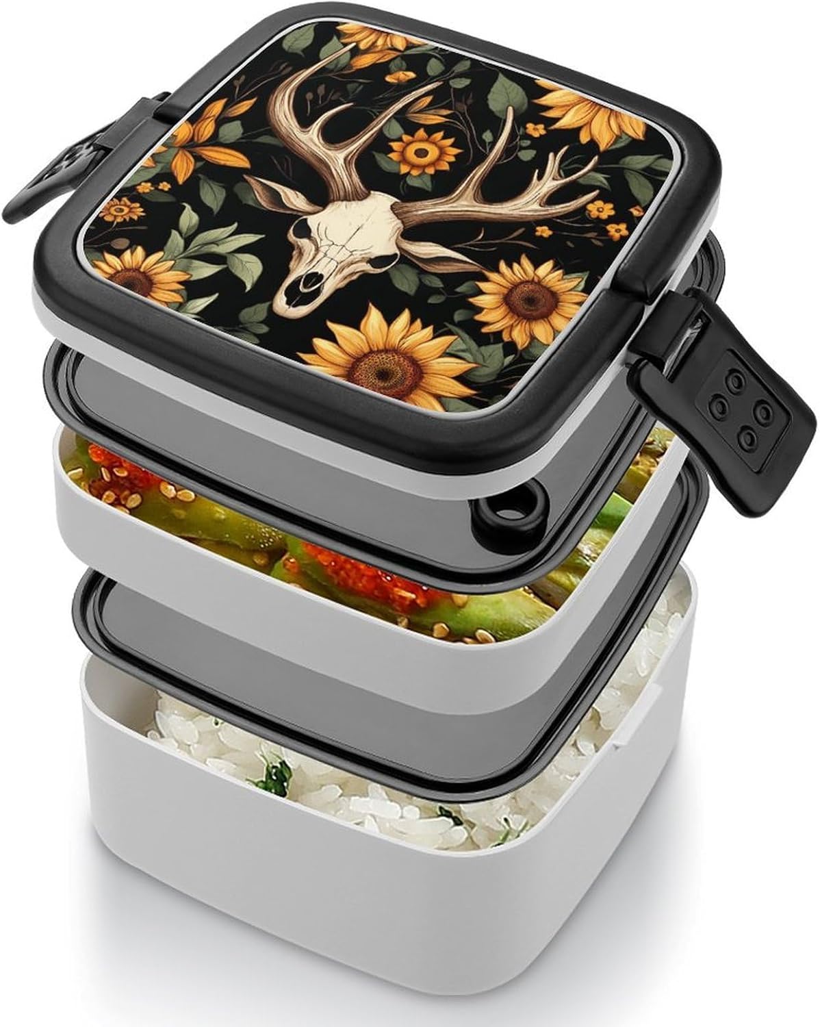 Deer Skull Sunflower Bento Box with Spoon 2 Layer Food Container Cute Lunch Box for Travel Dining Work