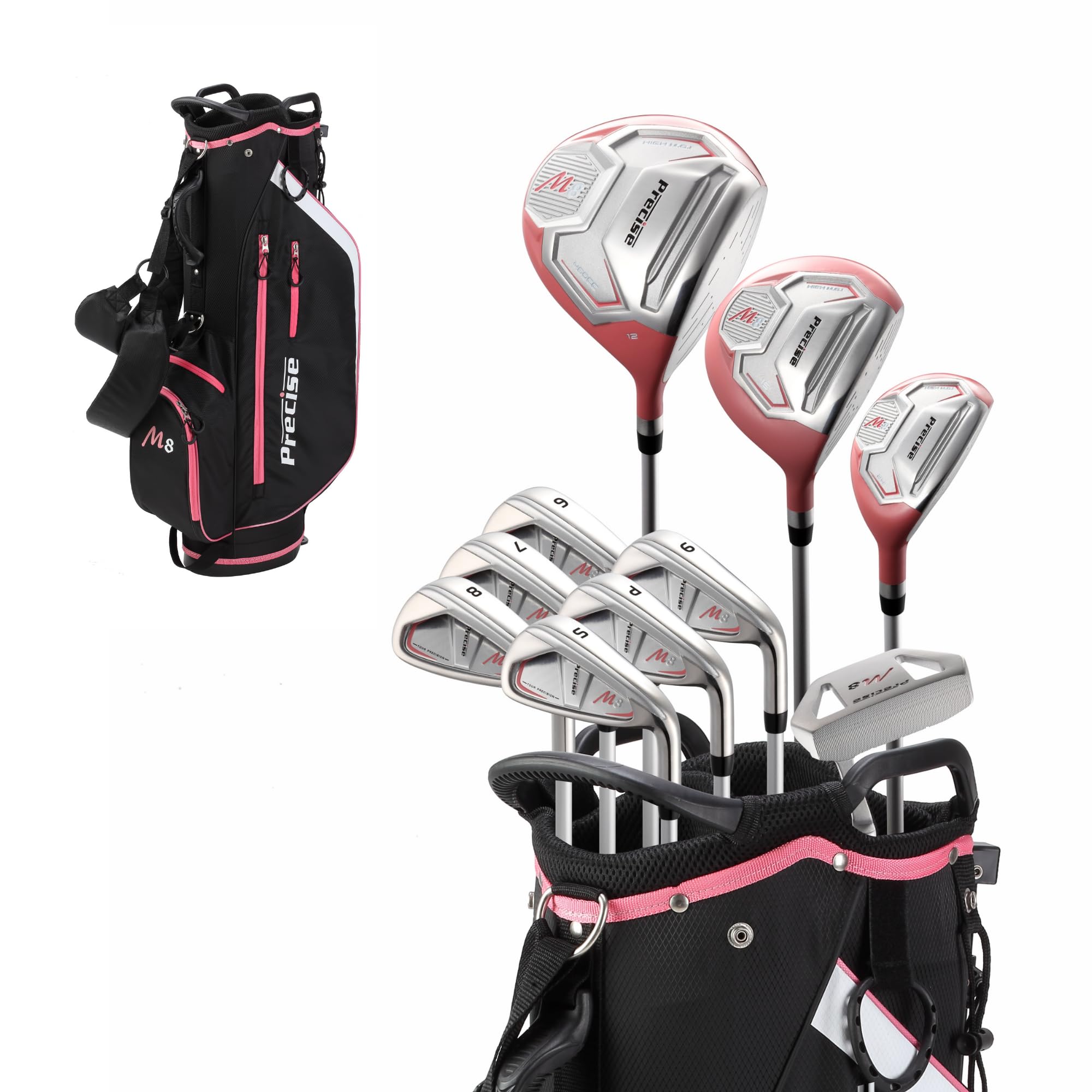 Precise M8 15-Piece Womens Golf Club Full Set, Driver, Wood, Hybrid, Irons, Putter & Stand Bag, Lightweight & Durable Kevlar Graphite Shafts, Golf