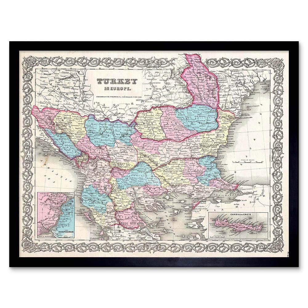 Wee Blue Coo 1855 Colton Map Turkey Europe Macedonia And The Balkans Art Print Framed Poster Wall Decor 12X16 Inch
