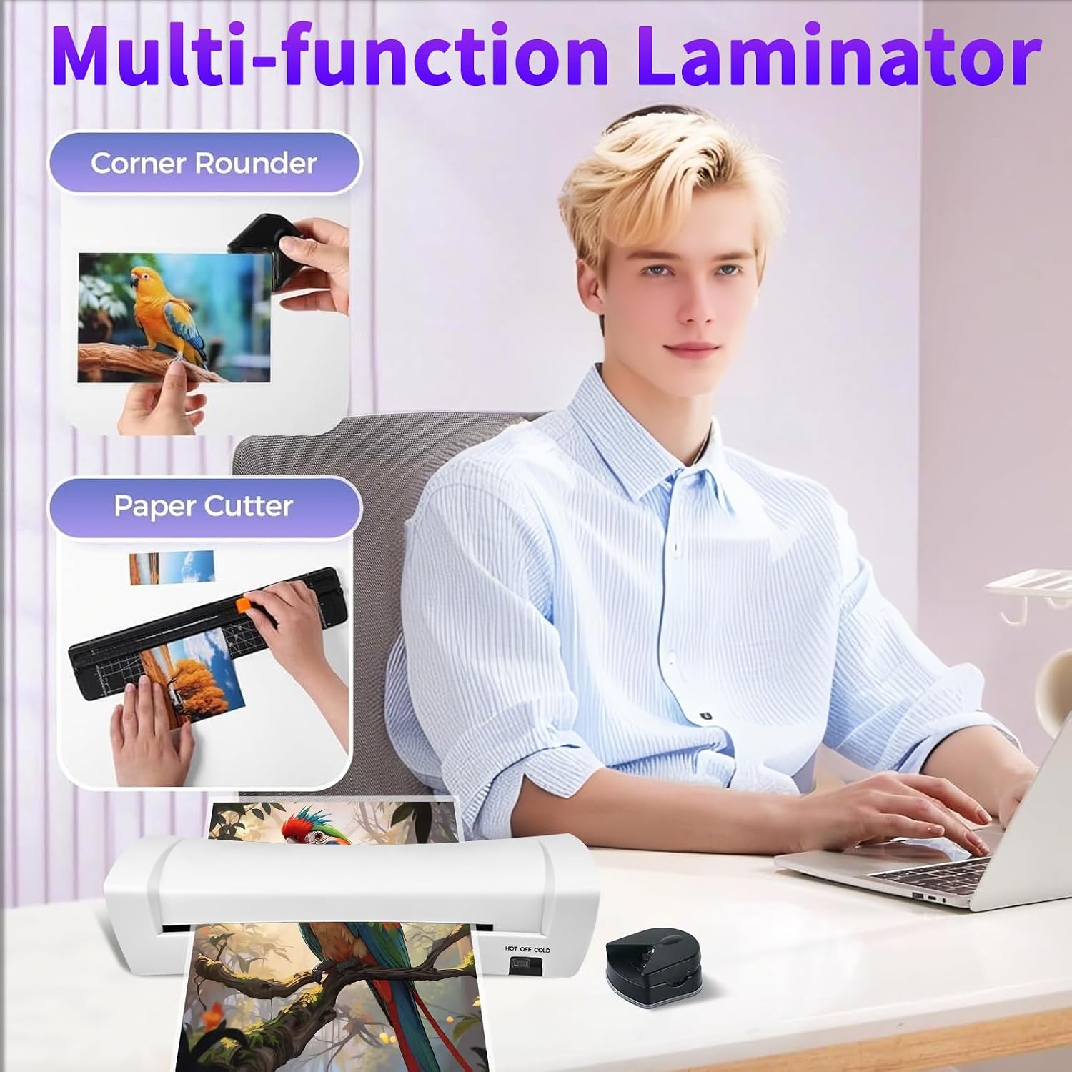 9 Inch A4 Thermal Laminator, 9-in-1 Hot & Cold Laminating Machine, Never Jam ABS Release System, 3-6 mil Compatible, Portable White Laminator with 15 Laminating Sheets for Home School Office