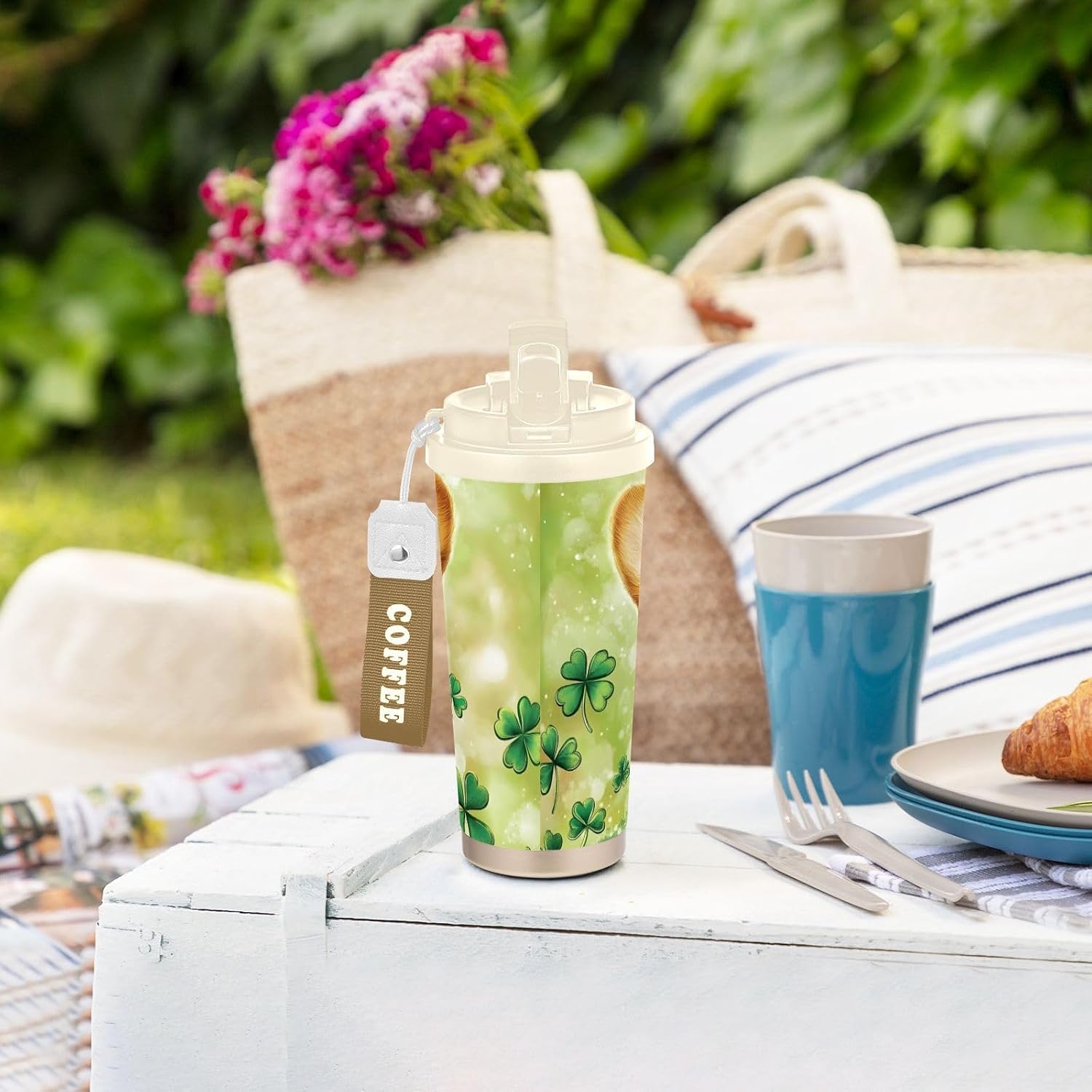 Cute Dog St Patricks Insulated Coffee Mug with Straw & Flip Lid, 16.9oz Iced Tumbler Cup, Double Wall Vacuum Leak-Proof Mug for Travel Office