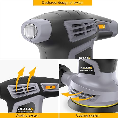 Miniatura 4 de Jellas Lijadora orbital aleatoria de 5 pulgadas con 18 papeles de lija, máquina lijadora de 6 velocidades variables de 13000 RPM, sistema de