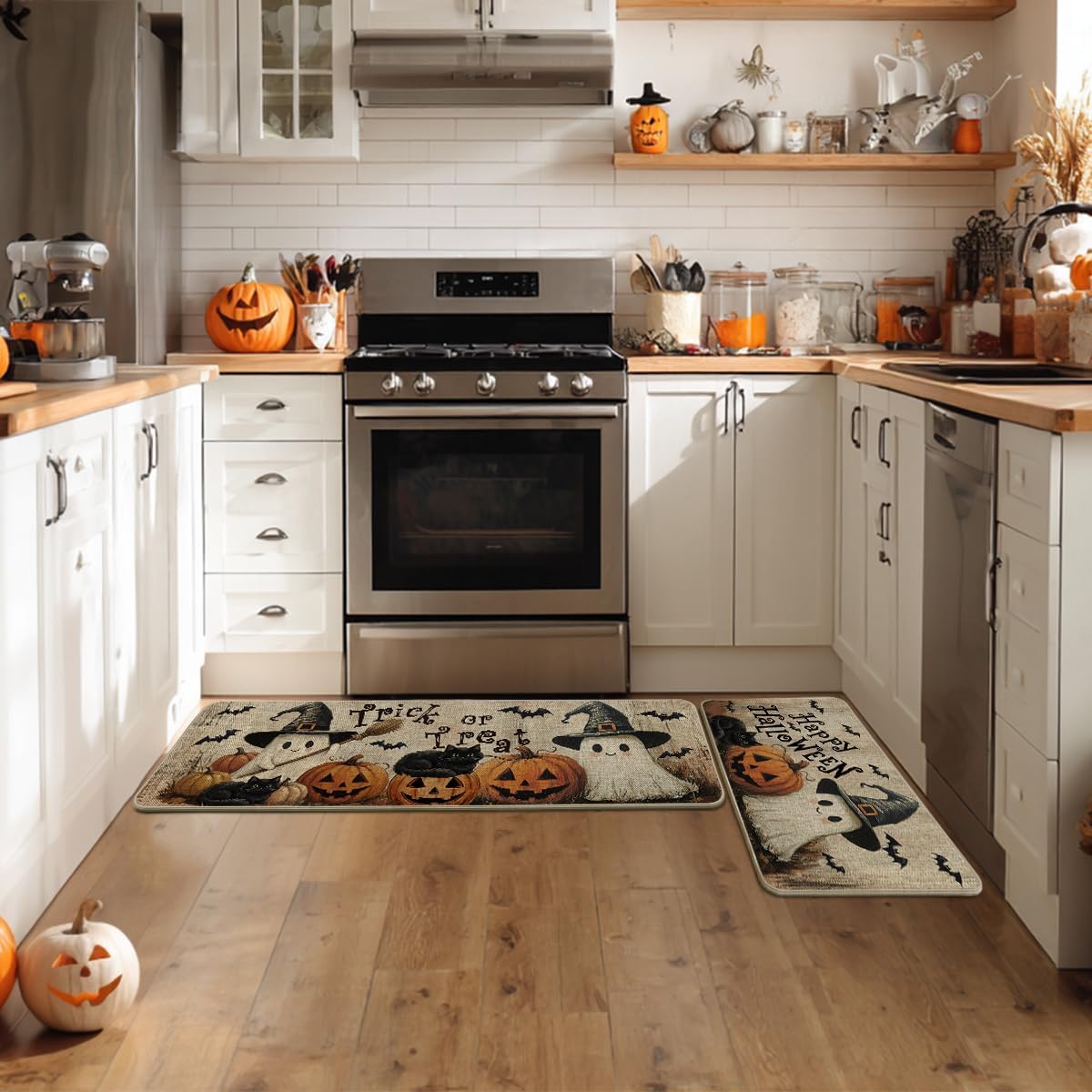Artoid Mode Ghost Jack-O'-Lantern Cat Happy Halloween Kitchen Mats Set of 2, Home Decor Low-Profile Kitchen Rugs for Floor - 17x29 and 17x47 Inch
