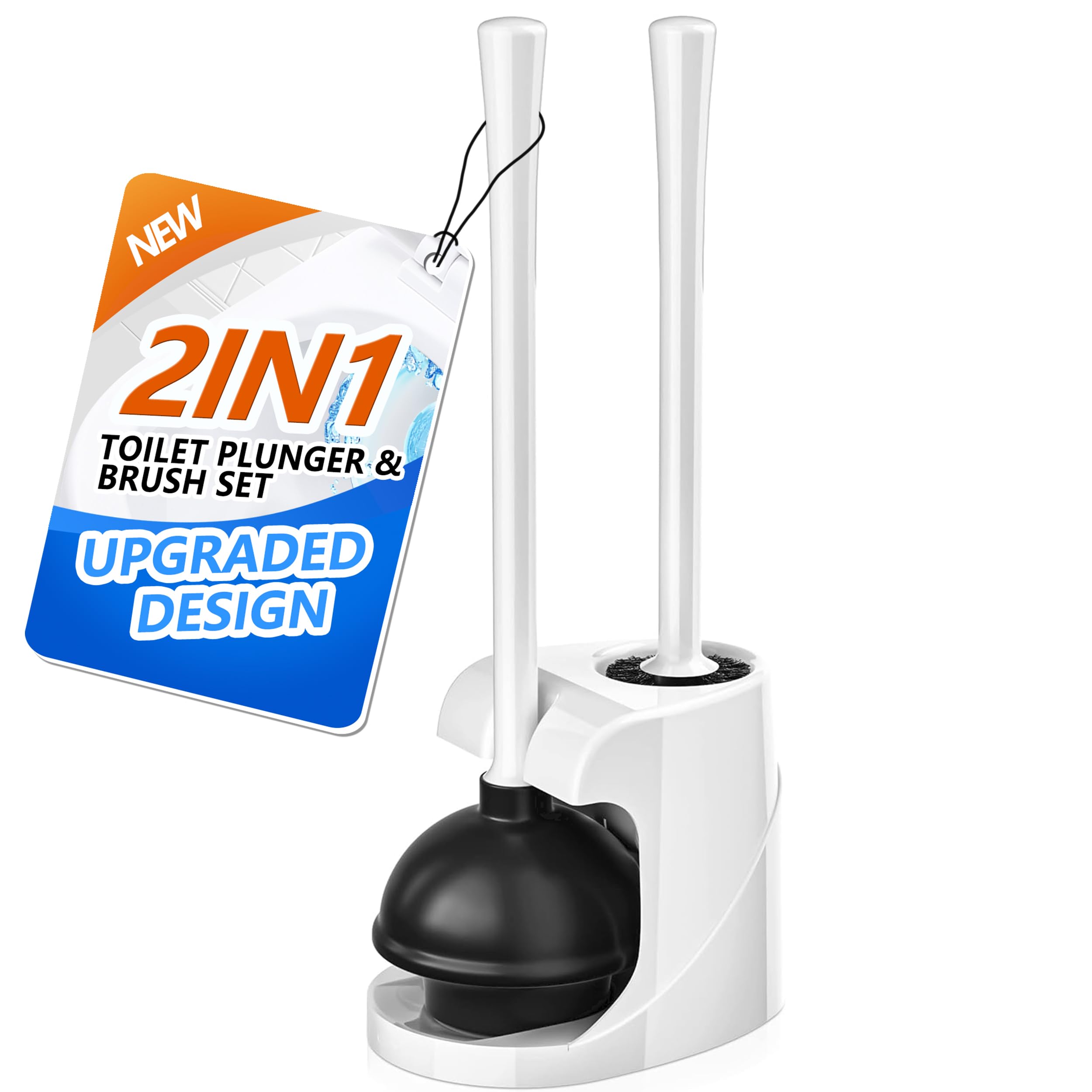 Toilet Plunger and Brush with Holder, Bowl Brush and Heavy Duty Toilet Plunger Set for 5.7-inch Toilet Drain, 2-in-1 Bathroom Cleaning Combo with