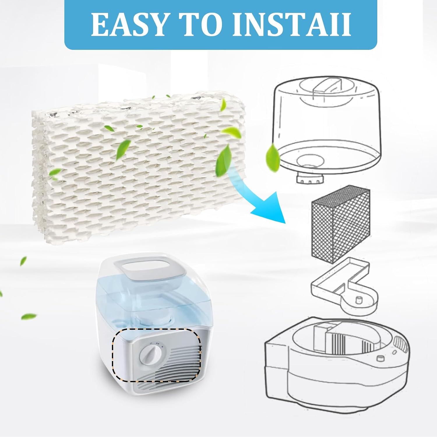 Diagram illustrating the easy installation process of the WF813 humidifier filter into a humidifier unit.