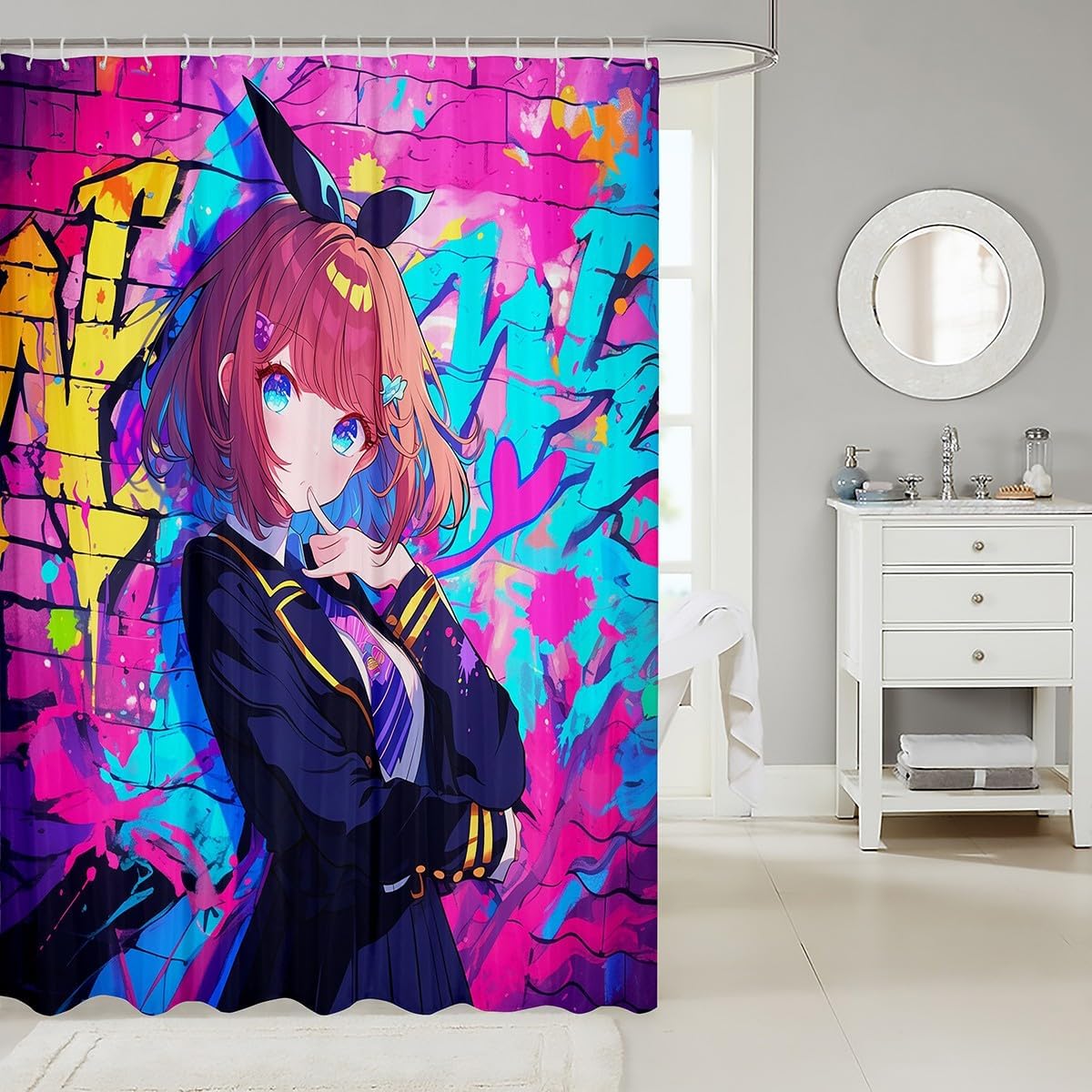 Erosebridal Girls Japanese Anime Fabric Shower Curtains, Kawaii Anime Girl Bath Curtain Cartoon Girl Shower Curtain for Kids Teens Adult, Japanese Animation Sci Fi Bathroom Accessories, 72" W X 78" L