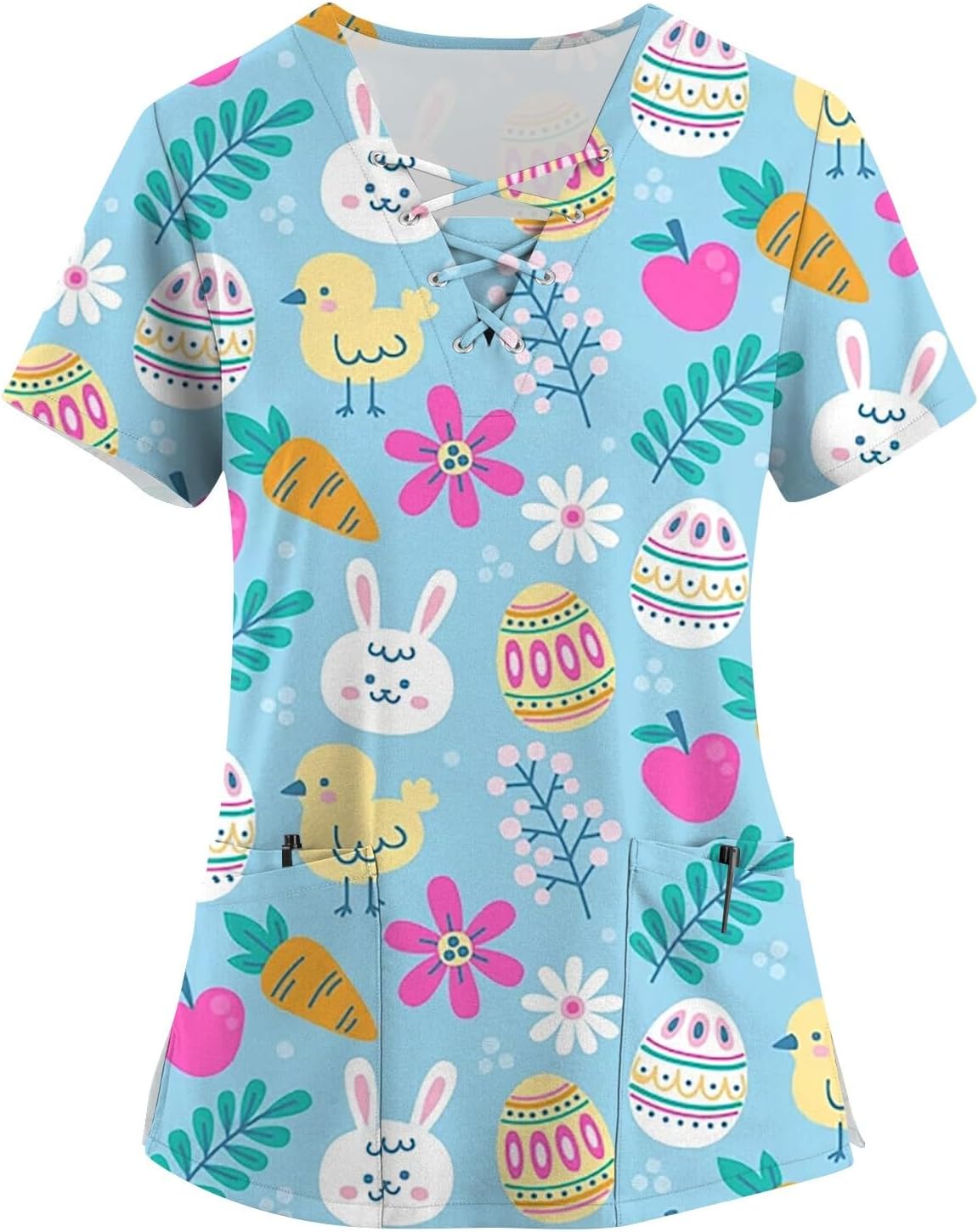 YUTANRAL Womens Scrub Tops 2024 Summer Easter Eggs/Bunny Printed Short Sleeve Shirts Cute Graphic Tees Uniforms with Pockets