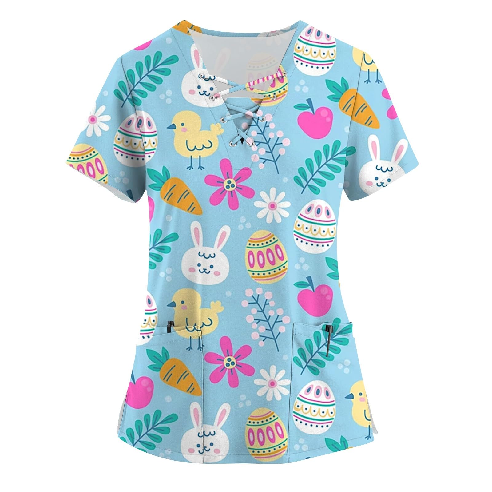 YUTANRAL Womens Scrub Tops 2024 Summer Easter Eggs/Bunny Printed Short Sleeve Shirts Cute Graphic Tees Uniforms with Pockets