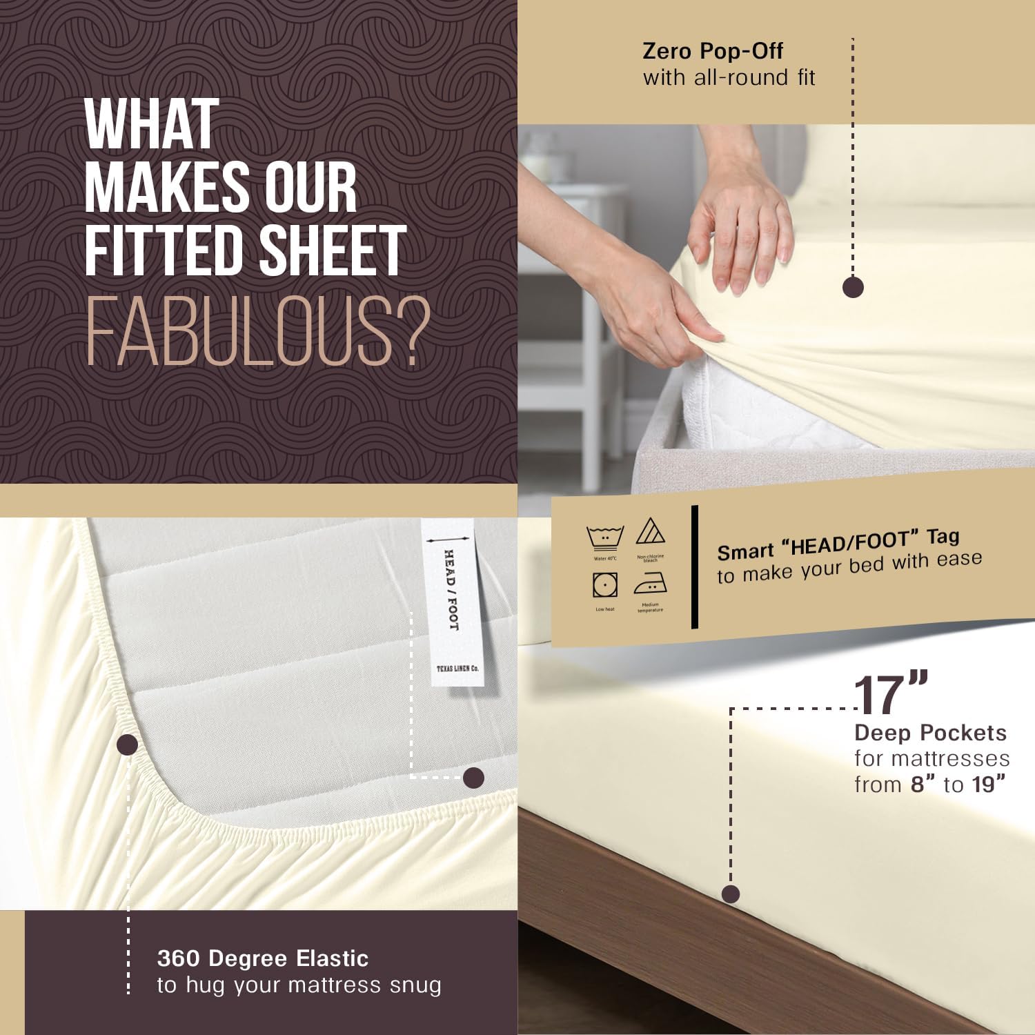 TEXAS LINEN CO. 100% Egyptian Cotton Sheets King Size - Snoozin' Supreme Collection 2000 Series Luxury King Bed Sheet Set, Cooling Sateen Weave, 17” Extra Deep Pocket Hotel Sheets (4 Pc, Ivory)