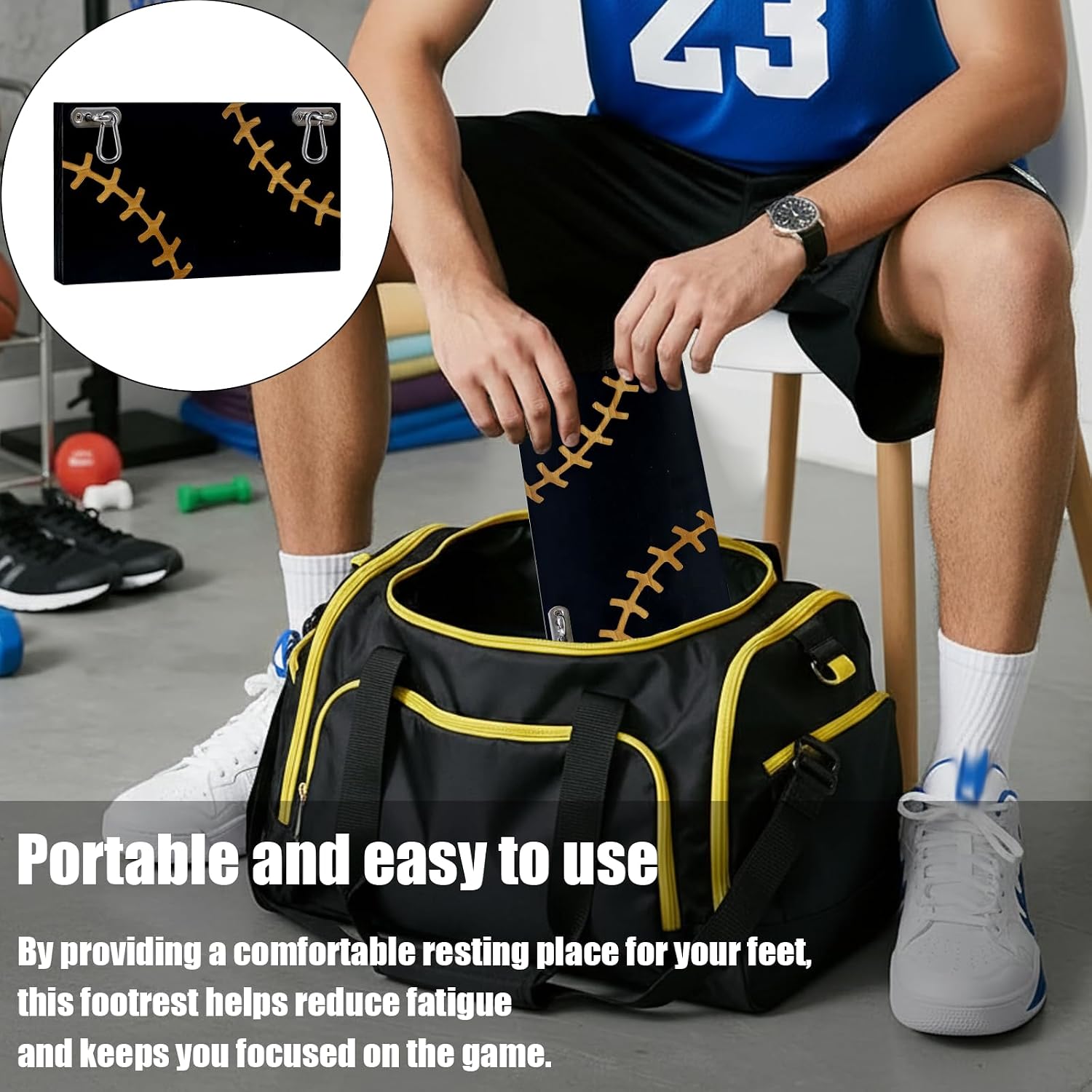 Hanging Wood Footrest Board - Portable Foot Rest for Baseball Fences, Durable and Adjustable Foot Support for Fans, Easy to Install and Remove (Black & Yellow)