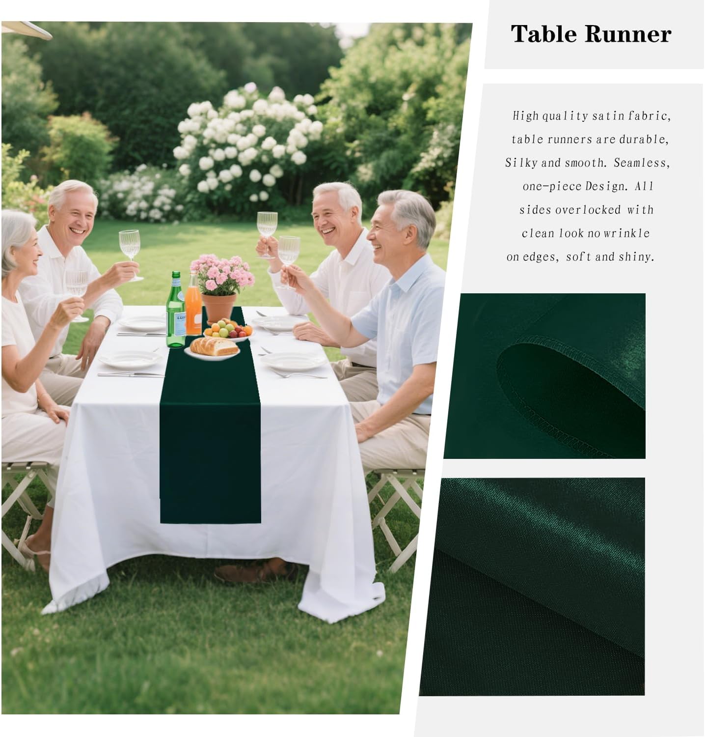 10 Pack Satin Table Runner 12 x 108 Inch Long Dark Green Smooth Silk Fabric Table Runner for Birthday Parties Wedding Banquets Decorations.