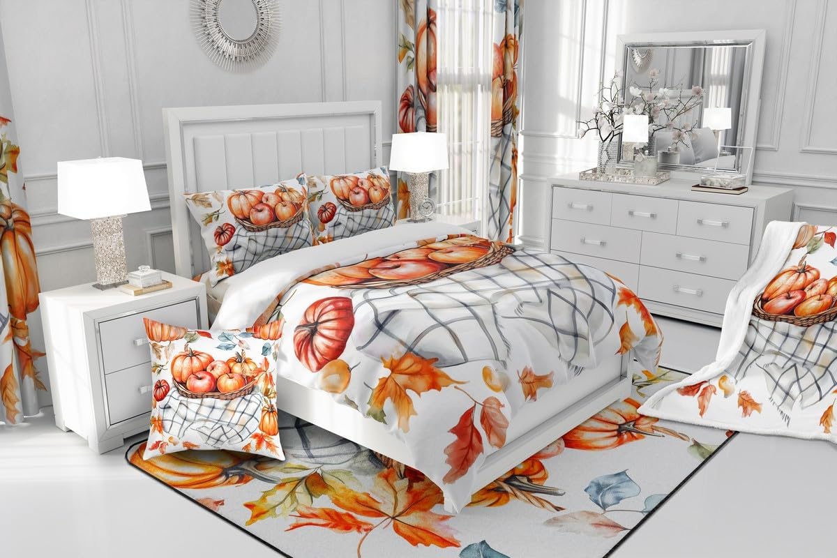 Autumn Harvest Fruits Duvet Cover Set Toddler Size,Apple Pumpkin Maple Leaves Bedding Set Kids Boys Girls Room Decor,Retro Black Plaid Comforter Cover 2Pcs,Fall Theme Bedspreads Cover,1 Pillowcase