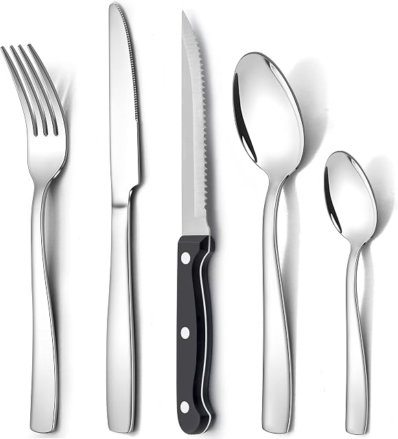 HaWare 30 Pieces Cutlery Set, 24 Pieces Stainless Steel Flatware Set with 6 Pieces Steak Knives for 6 People, Elegant Silverware Set Include Forks Knives Spoons, Mirror Polished, Dishwasher Safe