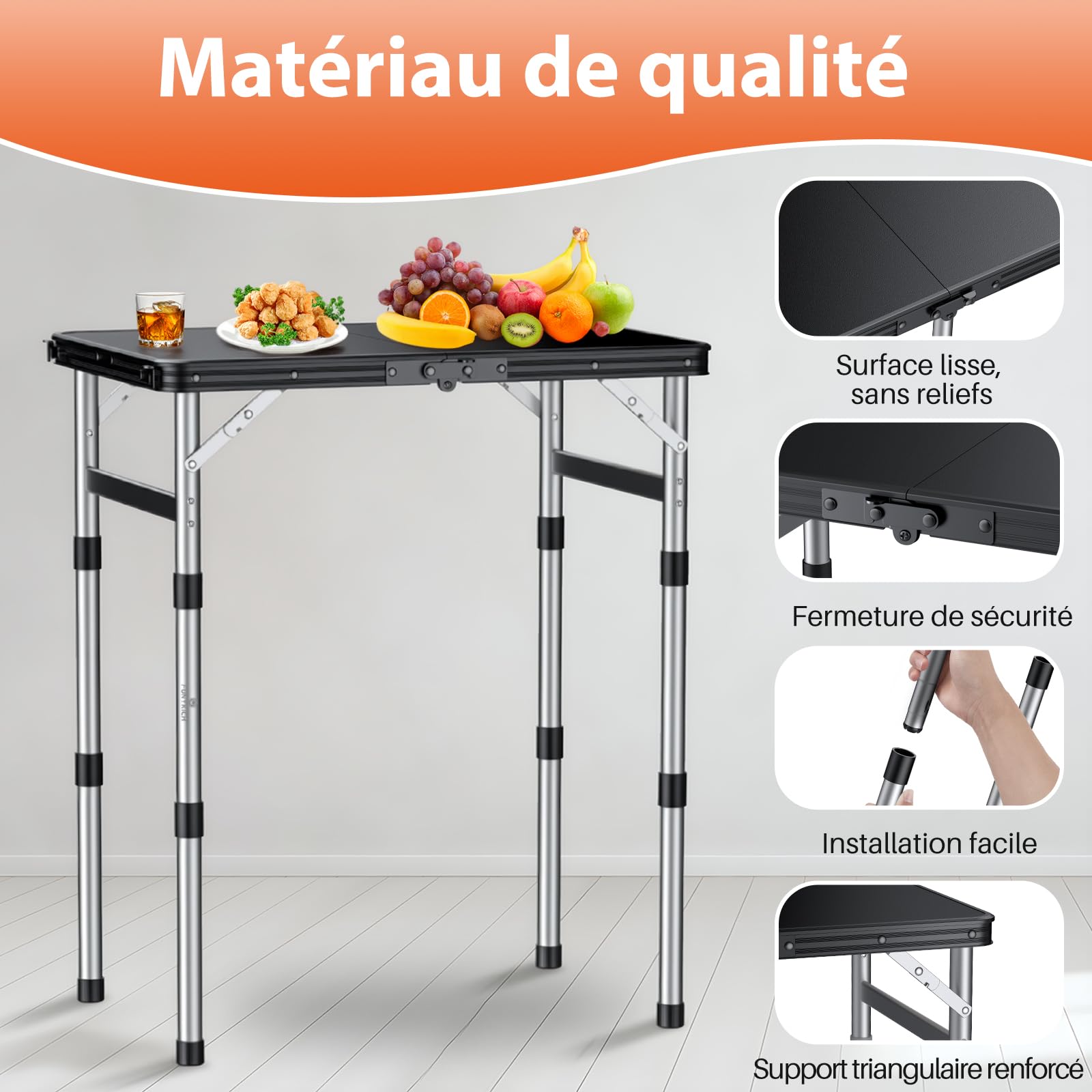 FUNYKICH Table de Camping Pliante,3 Hauteurs Réglables,70 cm Noir | Table de camping pliante 58 × 40 cm,pieds aluminium,3 hauteurs 26/48/70 cm pour barbecue et pique-nique