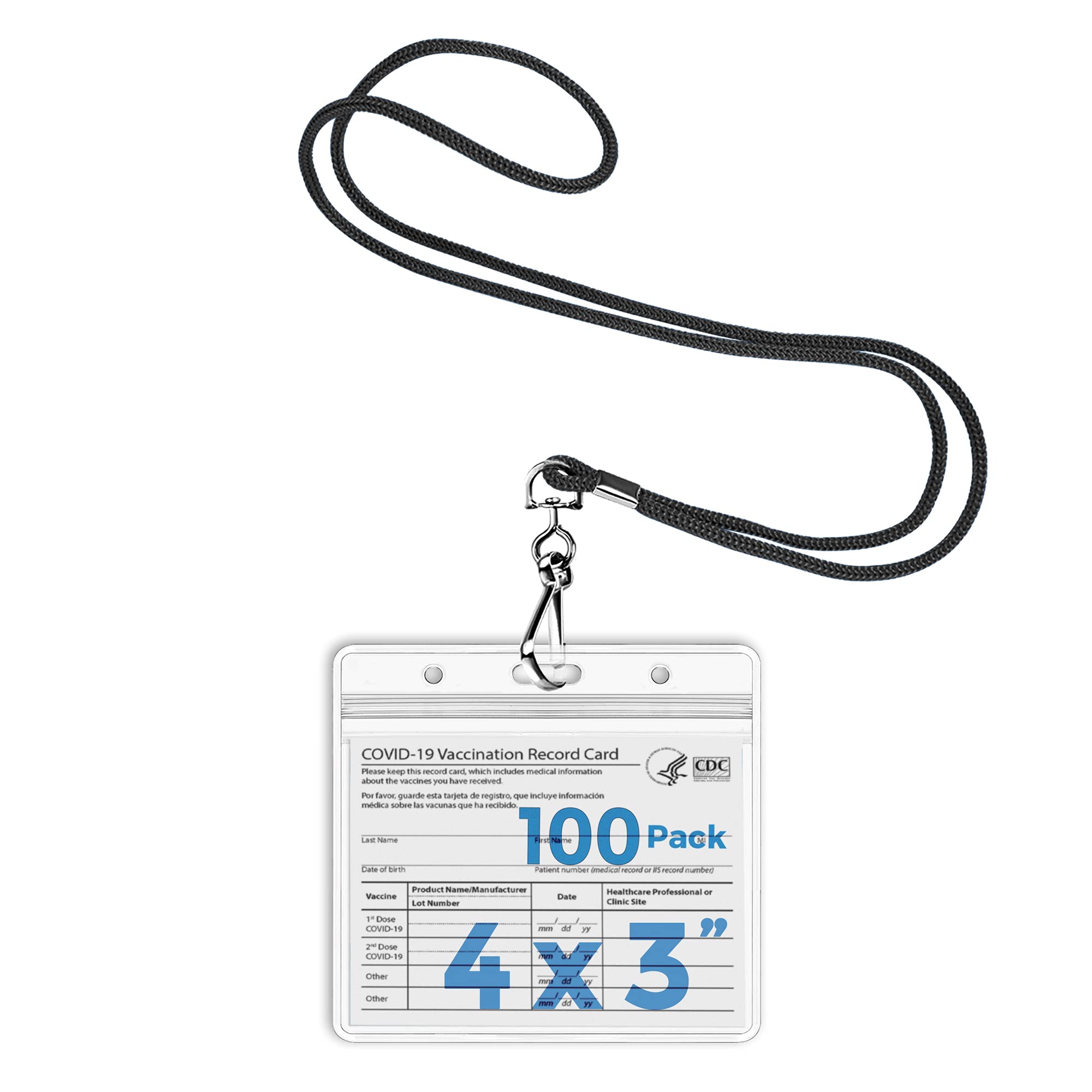 Mata1 Lanyard and Clear Card Protector Set (Black, 4x3 Inch, 100 Pack), Horizontal Plastic ID Name Badge Holders with Neck Lanyards
