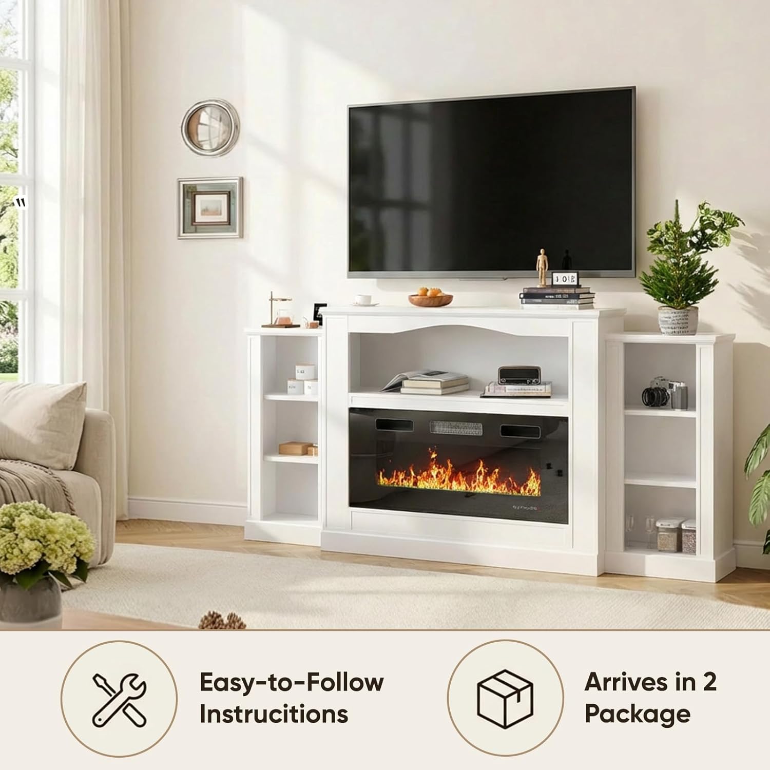 TABU 76'' Electric Fireplace with Mantel, Large TV Stand with 36'' Fireplace, Entertainment Center & Media Console for TVs Up to 80", 3D Realistic Flame & Remote Control, White