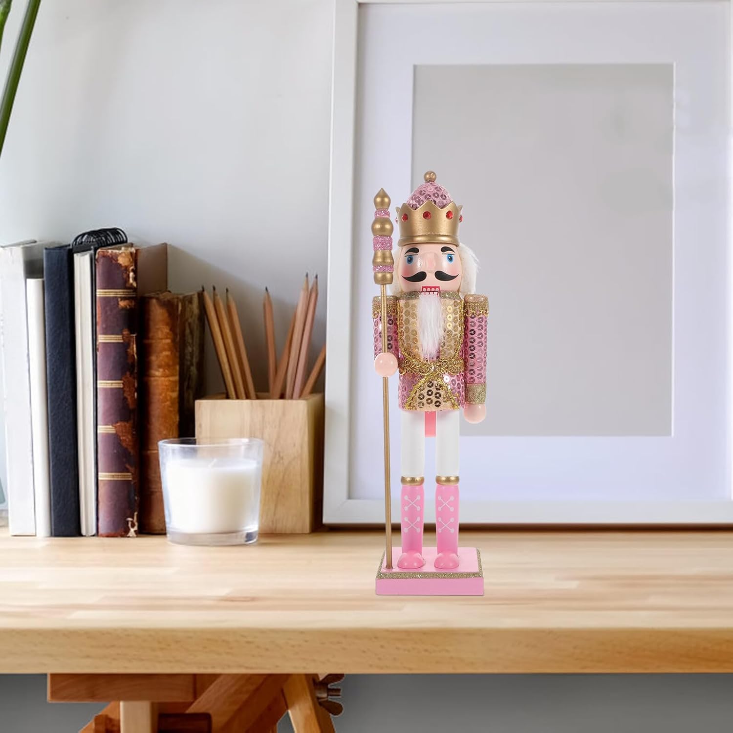 Angoily Pink Glittered Wooden Nutcracker Soldier Figurine, Small Xmas Nutcracker Decoration for Living Room, Holiday Tabletop Centerpiece and Party Display Ornament