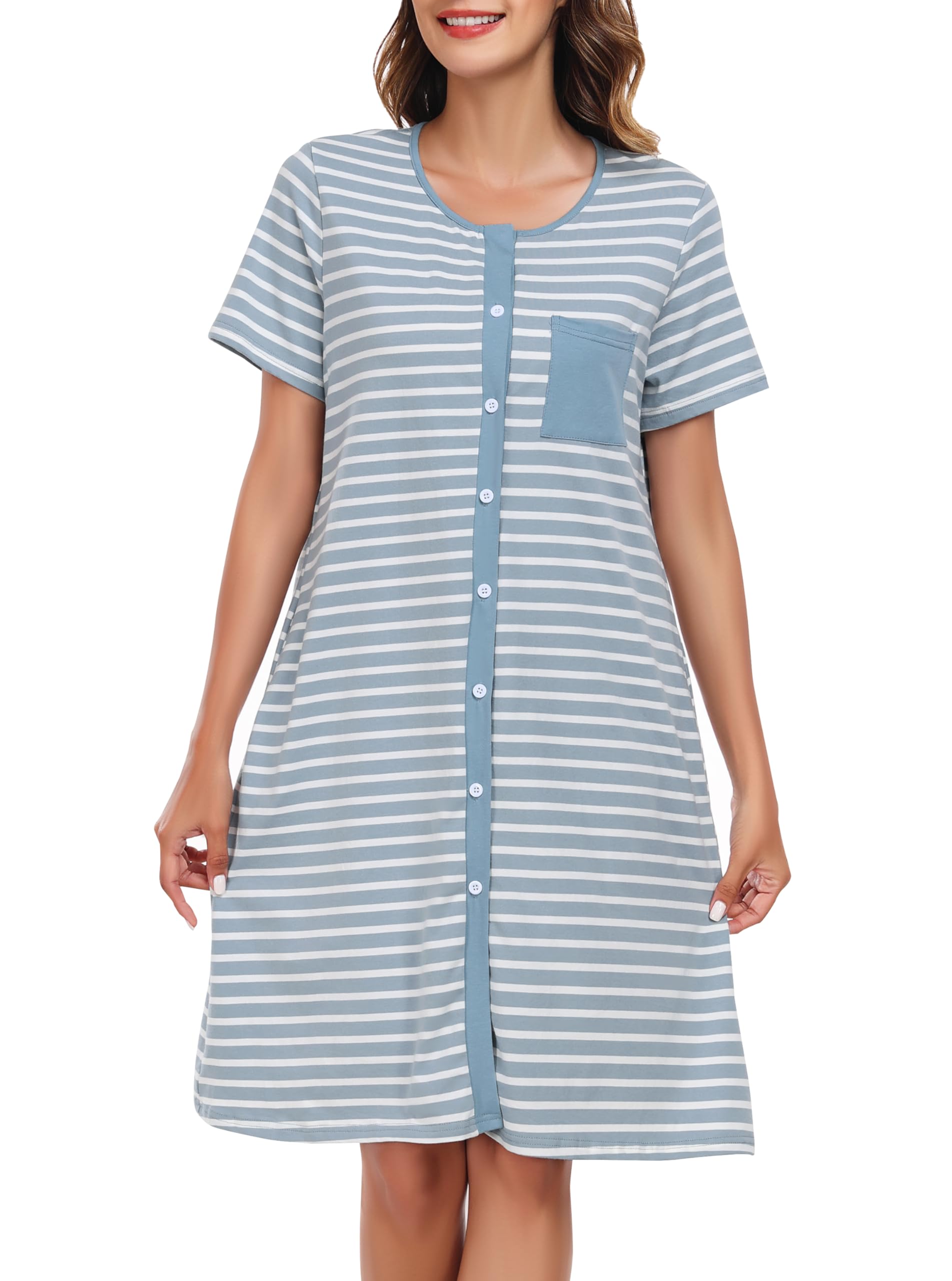 Lovasy Chemise de Nuit Femme Coton Chemise de Nuit Manches Courtes à Rayure Robe De Nuit Boutonnée Devant Tee Shirt de Nuit Femme Grande Taille avec Poches Latérales