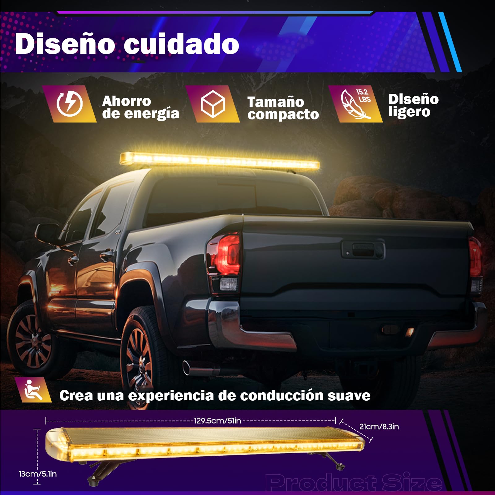 Luz LED de advertencia intermitente de 130 cm – 96 ledes 3000 K 3000 K barra de luz para coche 12 – 24 V intermitente de emergencia, quitanieves, barra de luz IP65 con cable de 3,8 m