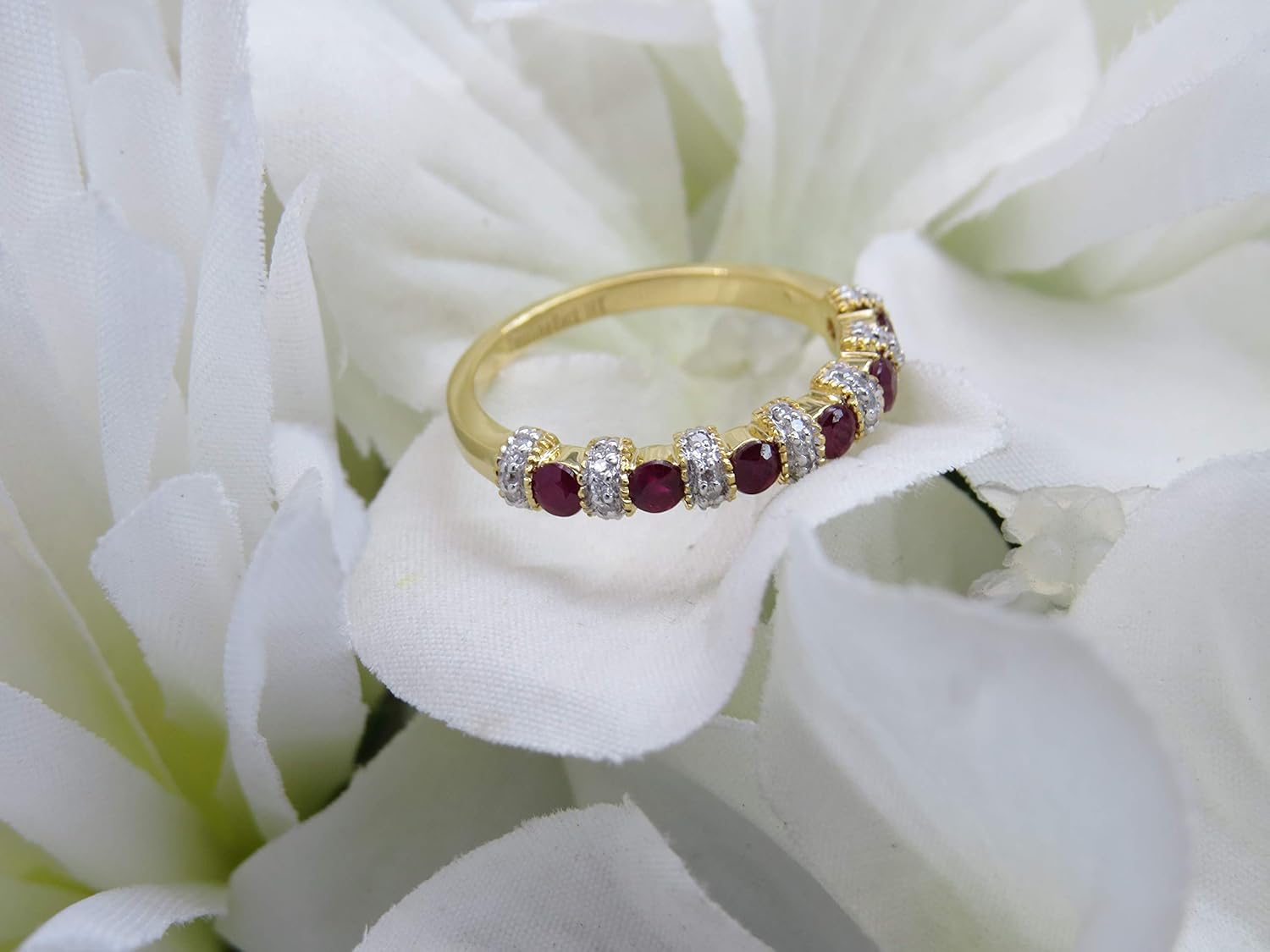 14K Solid Gold Round Ruby And White Diamond Womens Bridal Stackable Wedding Band Anniversary Ring - Image 4