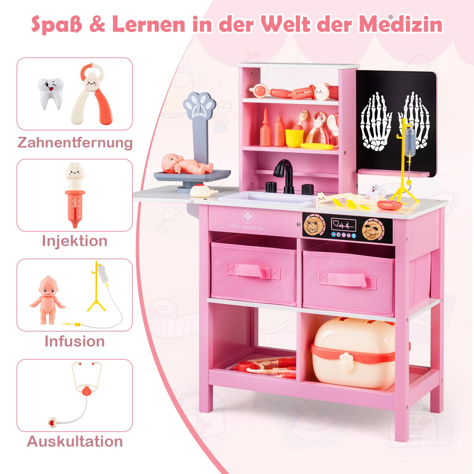 COSTWAY Krankenhaus Spielzeug Kinder, Arztkoffer mit Tafel & klappbarer Tischplatte, medizinisches Spielset inkl. Stethoskop, Tierwaage usw. , Tierarzt Doktor-Spiezeug für Kinder ab 3 Jahren (Rosa)