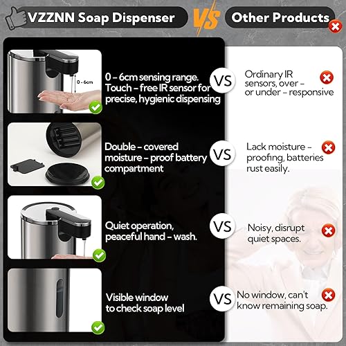 Miniatura 4 de Paquete de 2 dispensadores automáticos de jabón sin contacto, bomba de sensor eléctrico de acero inoxidable de 13.5 onzas fluidas con 3 volúmenes