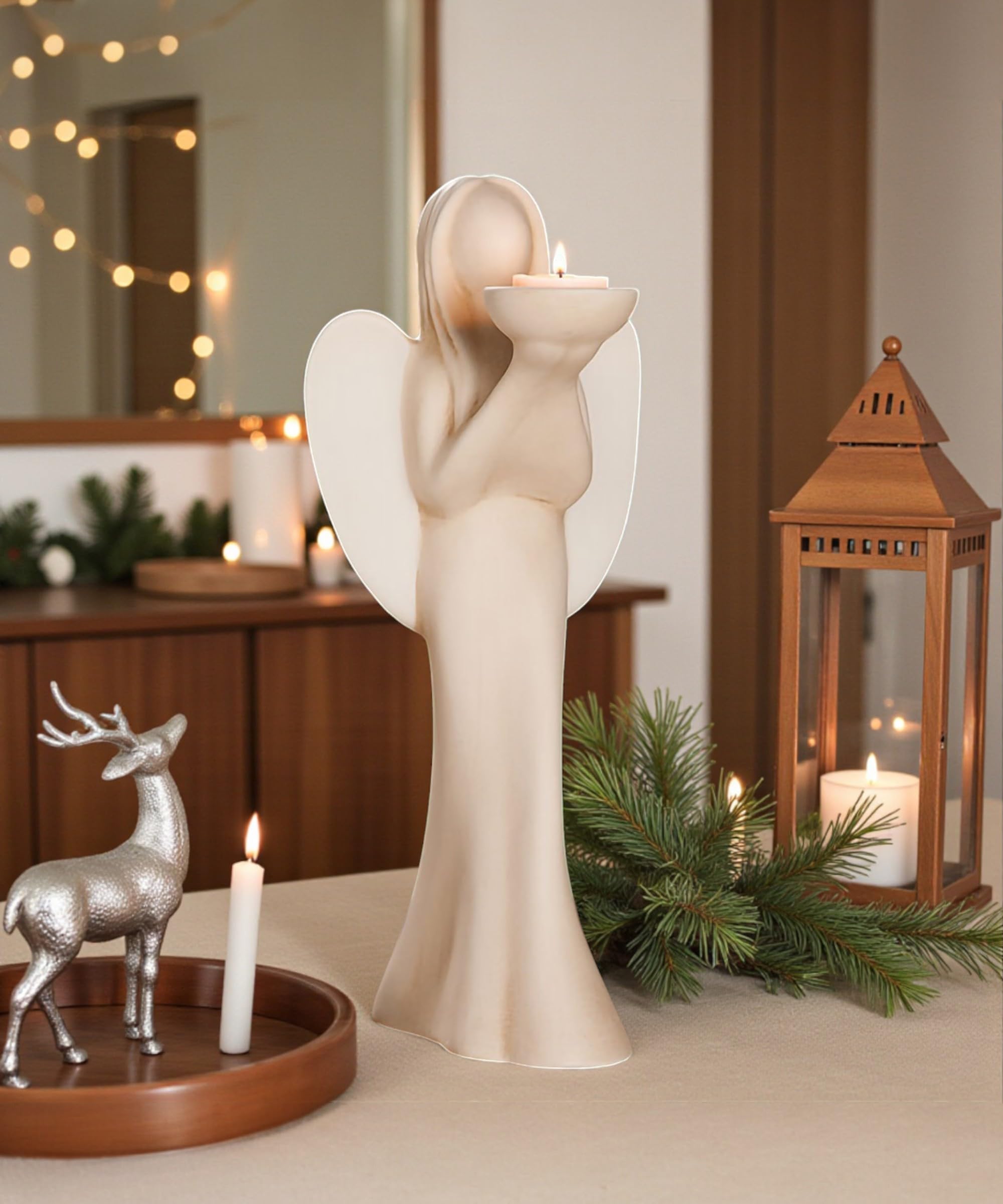 GILDE Deko Figur Engel Luciane Teelichthalter aus Keramik – Engelleuchter für Teelicht – Dekoration Tischdeko Geschenk – Farbe: Creme/Weiss Höhe 36,5 cm