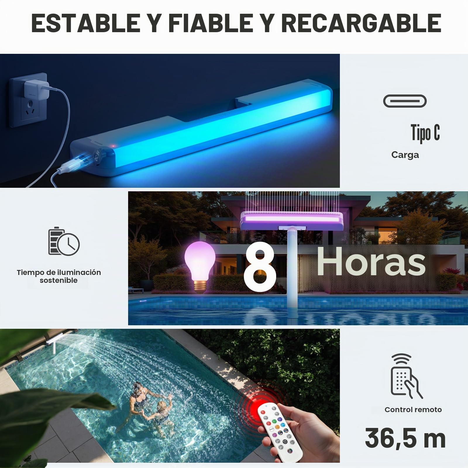 KingSom Fuente de Piscina con Luces de Colores, Fuente Piscina Cascada Recargable con Botones y Control Remoto, 10000 mAh Fuente de Luces para Piscina Elevadas y Enterradas, Fuente de Agua-Violeta