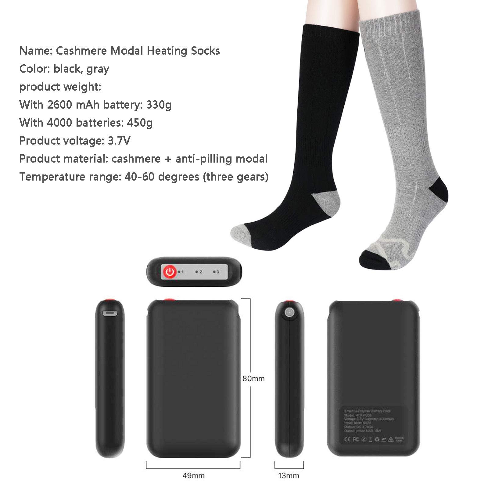 NANANA Calcetines Térmicos, Calcetines Calefactables, Eléctrico Calcetines Calientes Climatizada 3.7v para Hombres y Mujeres, Ideal para Esquí Senderismo Pesca Cámping,Gris,2600 mAh