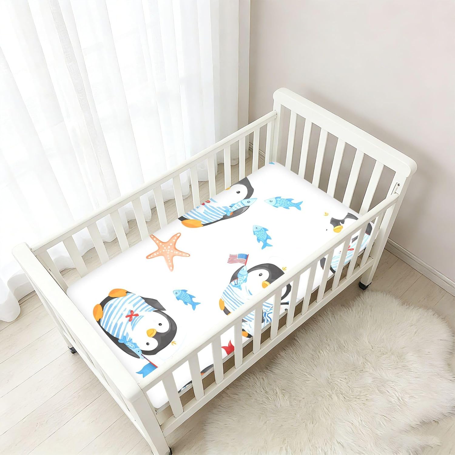 Cute Penguins Cotton Fitted Crib Sheets for Girls and Boys, Soft Breathable Crib Sheet Suitable for Standard Crib & Toddler Bed