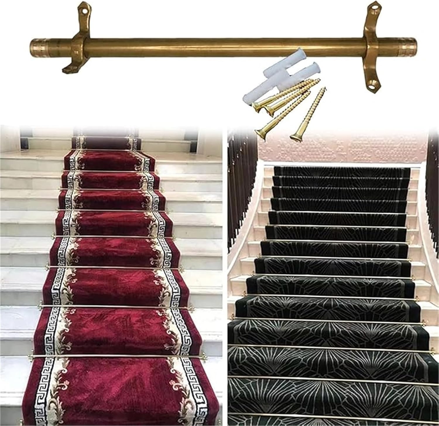 48" 44" 40" 38" 36" 34" 28" Brass Staircase Carpet Runner Holder Bracket Hardware, Long Stair Runner Rods, 3/5/10/12/14/16pcs for Commercial Home Villa Office Commercial Space(16pcs,81 cm (32 in))