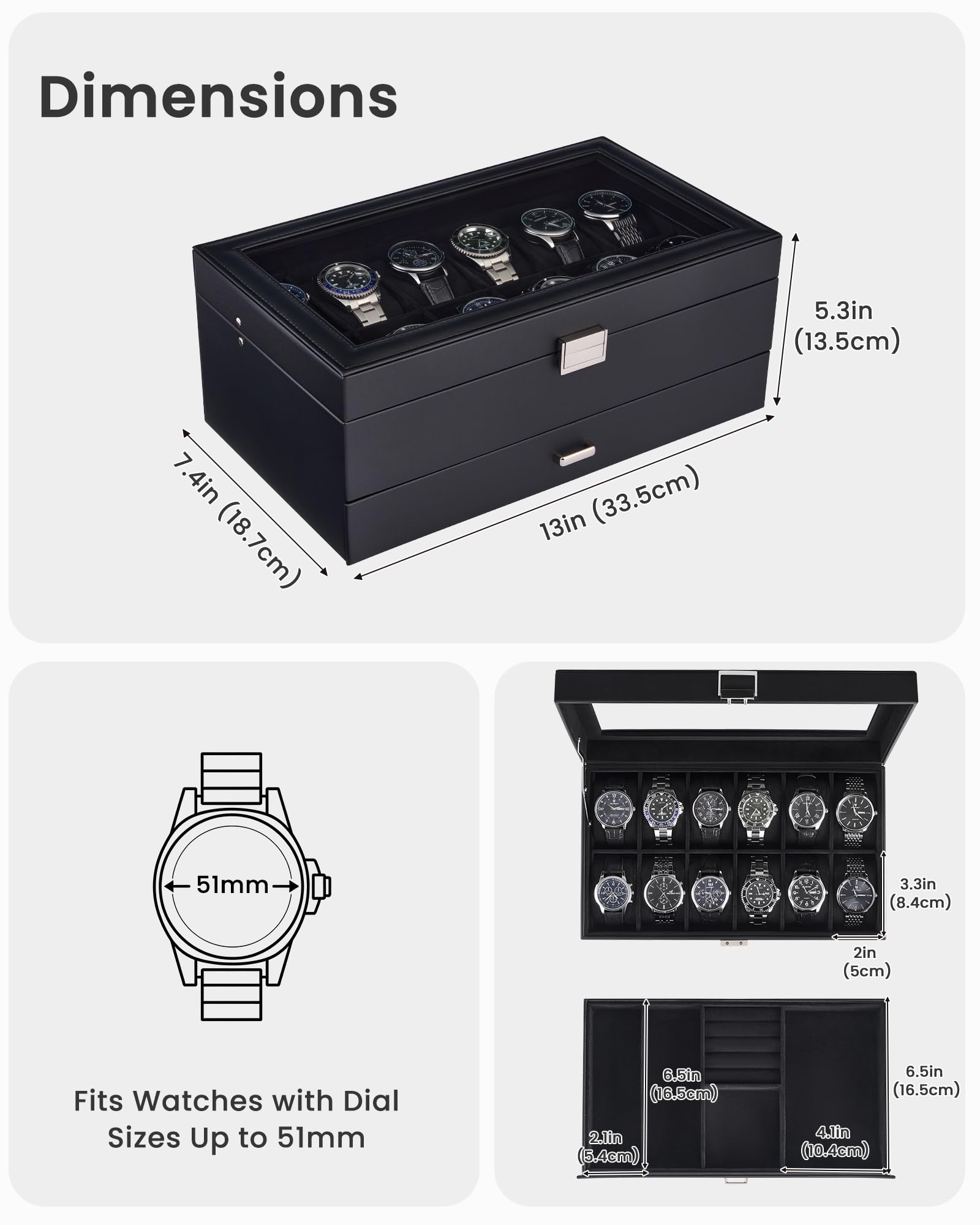 ProCase Scatola per orologi con 12 scomparti, coperchio in vetro, 2 livelli | con Cuscino Rimovibile, per Gioielli, Anelli, Bracciali e Collane -