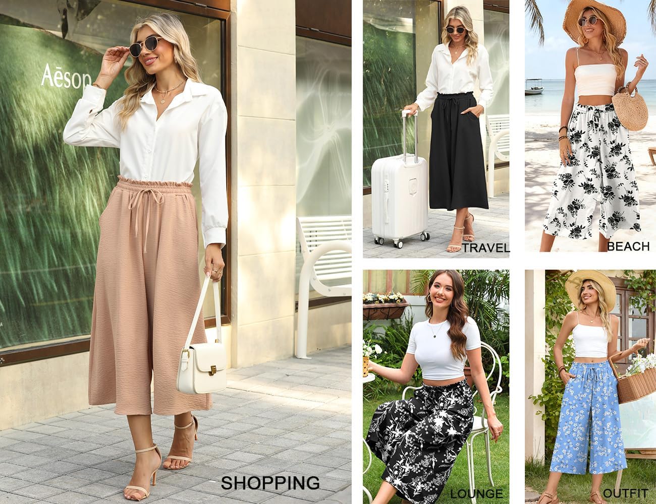 POPYOUNG Womens Wide Leg Palazzo Pants Casual Capri Pant Flowy Gaucho Pants Drawstring Trousers with Pockets - Image 5