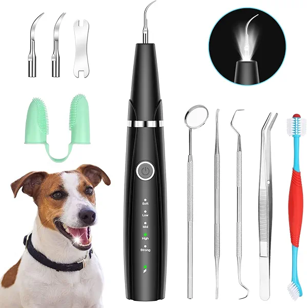 Ultrasonic Dog Teeth Cleaning Kit, 5 Modes Dog Tartar Remover, 10 in 1 Pet Cleaner Toothbrush, Black