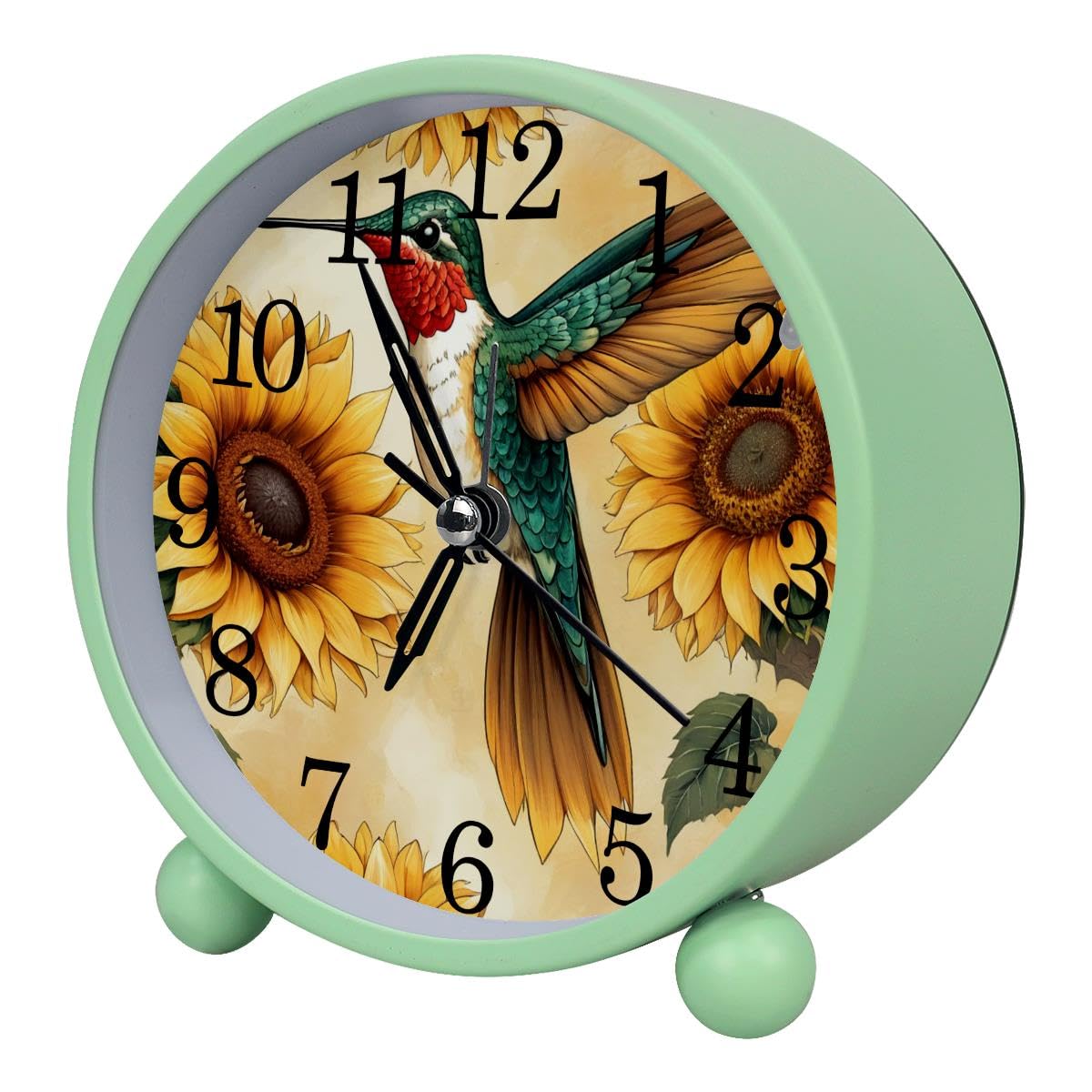 Luoweisi Alarm Clock Sunflowers Hummingbird, Silent Non-Ticking with Night Light, Round Metal Alarm Clock for Office, Battery Operated, Bedroom, Elderly, Adults, Children, Student Gifts