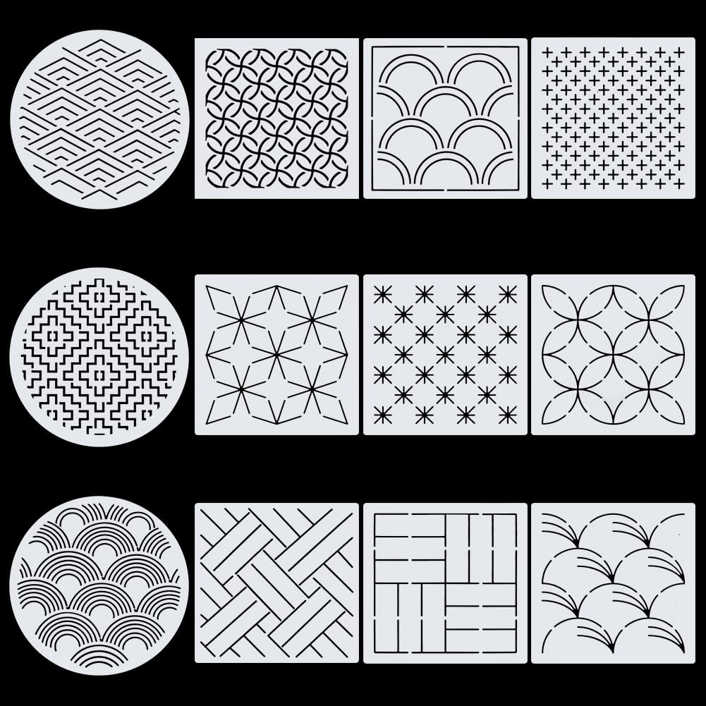 INFUNLY 12PCS Sashiko PET Template 5.9"×5.9" Geometric Sashiko Pattern Template Drawing Line Sashiko Template for Dresses Bags Wave Embroidery Stencils Square Sashiko Stencil for Hand Sewing Lovers